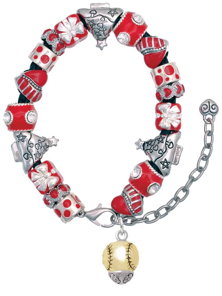 Red Christmas Bead Bracelet - Baseball & Softball Spinner Jewelry for Players & Fans | Adjustable 7