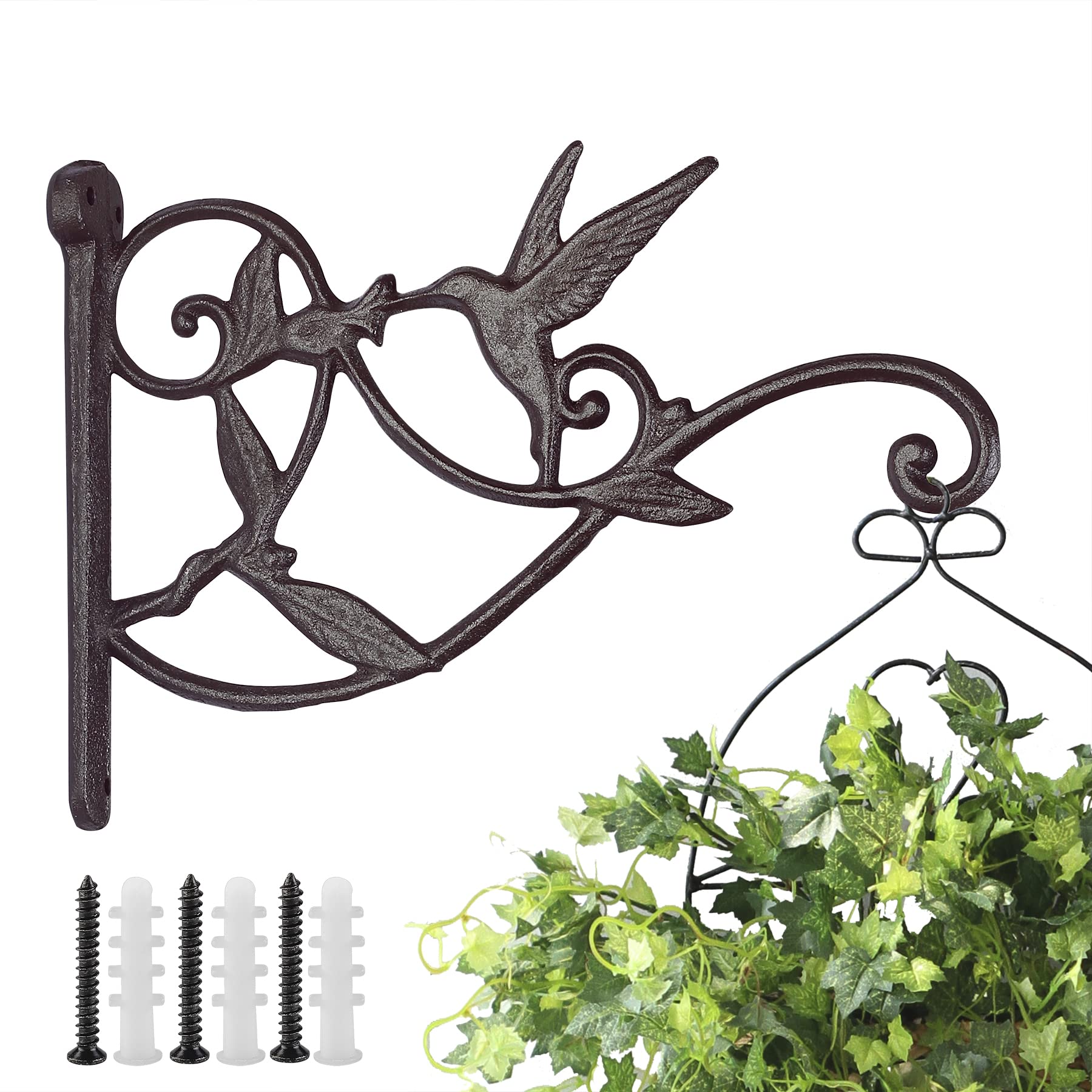 Heavy Duty Cast Iron Plant Hangers for Outdoor & Indoor Use - Decorative Wall Hooks for Hanging Plants, Wind Chimes, Flower Pots & Lanterns - Includes Hummingbird Feeder Hook - Dark Brown (1pc) - Perfect for Garden, Patio, Balcony & Home Decor