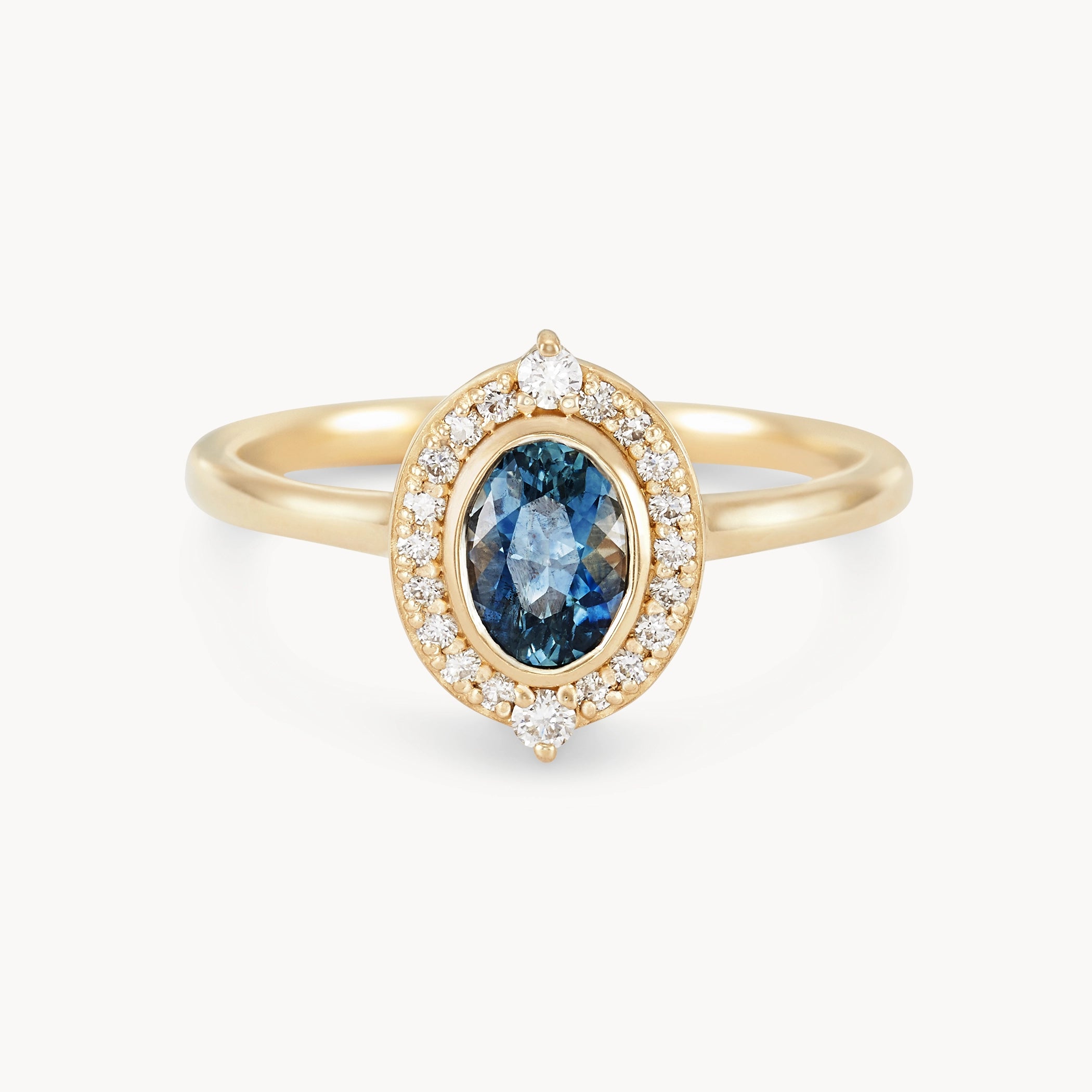 14K Yellow Gold Blue Oval Sapphire & White Diamond Ring – Unique Handcrafted Jewelry for Women, Perfect for Engagement, Wedding & Special Occasions