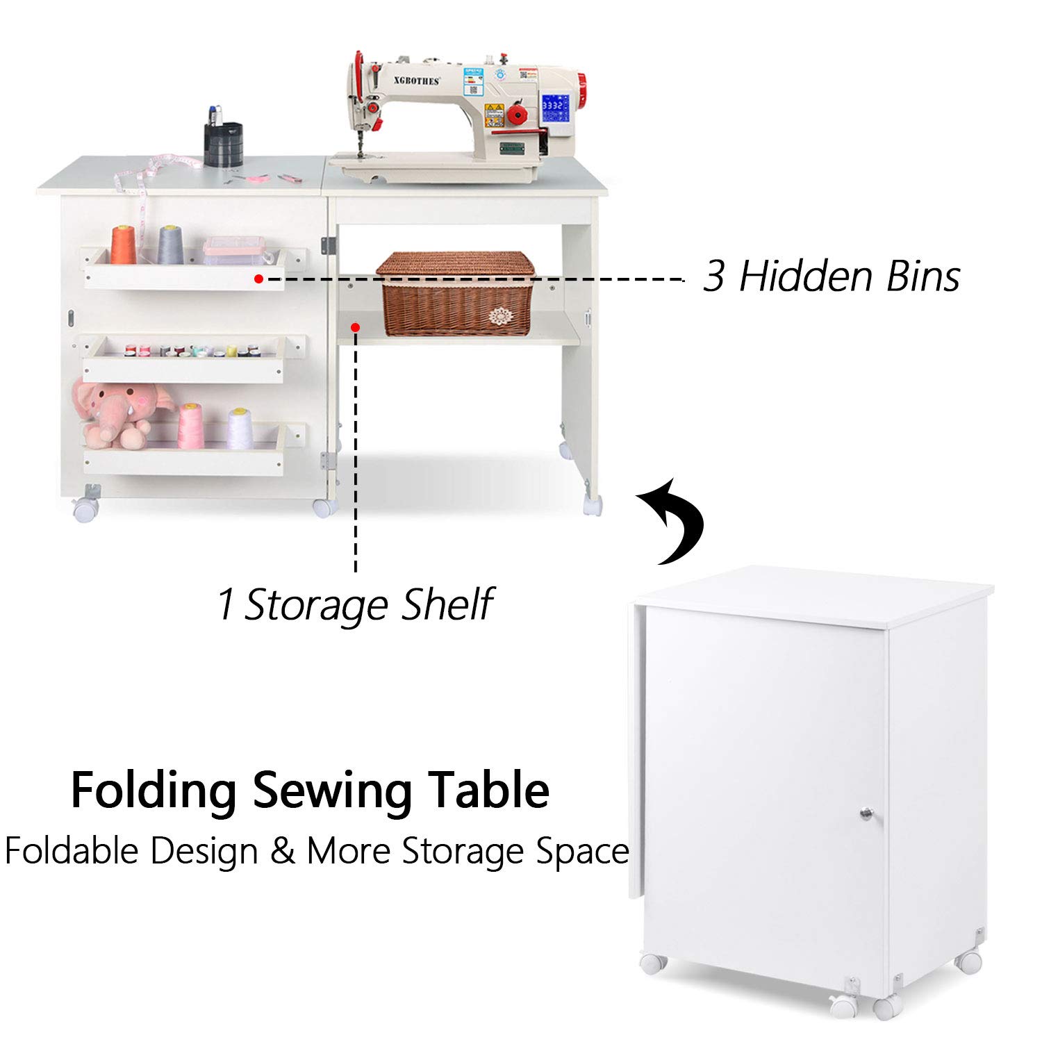 Usinso Folding Sewing Table with Storage Shelves - Multifunctional Rolling Sewing Machine Cart, Craft Cabinet & Portable Computer Desk with Lockable Casters (White) | Perfect for Home Sewing Projects, Quilting & Craft Rooms