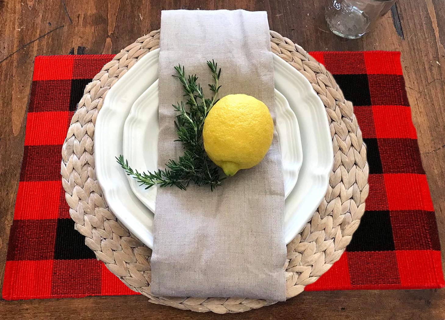 UKELER 6-Pack Buffalo Check Plaid Placemats - 100% Cotton Woven Washable Heat-Resistant Table Mats for Kitchen Dining (Red & Black) | Perfect for Holiday Dinners, Parties & Everyday Use