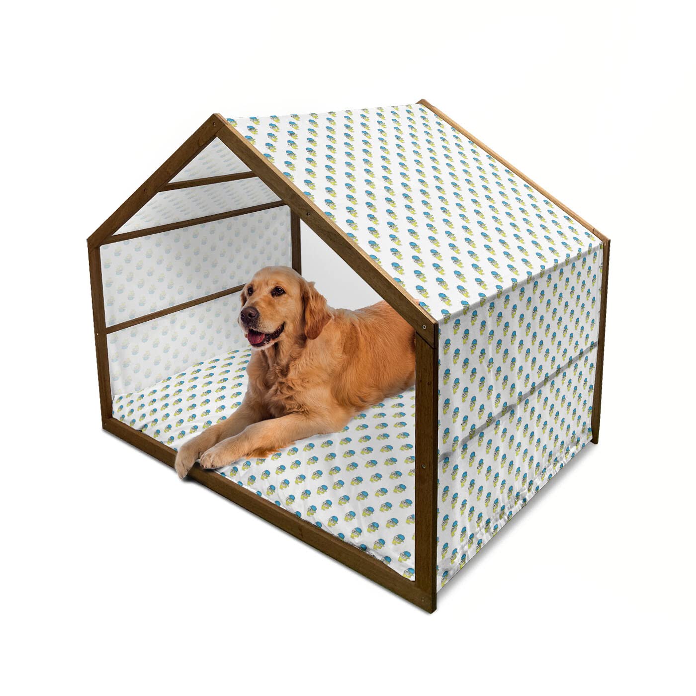 Ambesonne Hip Hop Wooden Dog House - Fashion Cat Wearing Cap Scarf & Glasses Sketch Pattern - Indoor & Outdoor Portable Pet Kennel with Pillow & Cover - X-Large Size in Azure Blue & Yellow - Perfect for Urban Pet Owners & Hip Hop Lovers