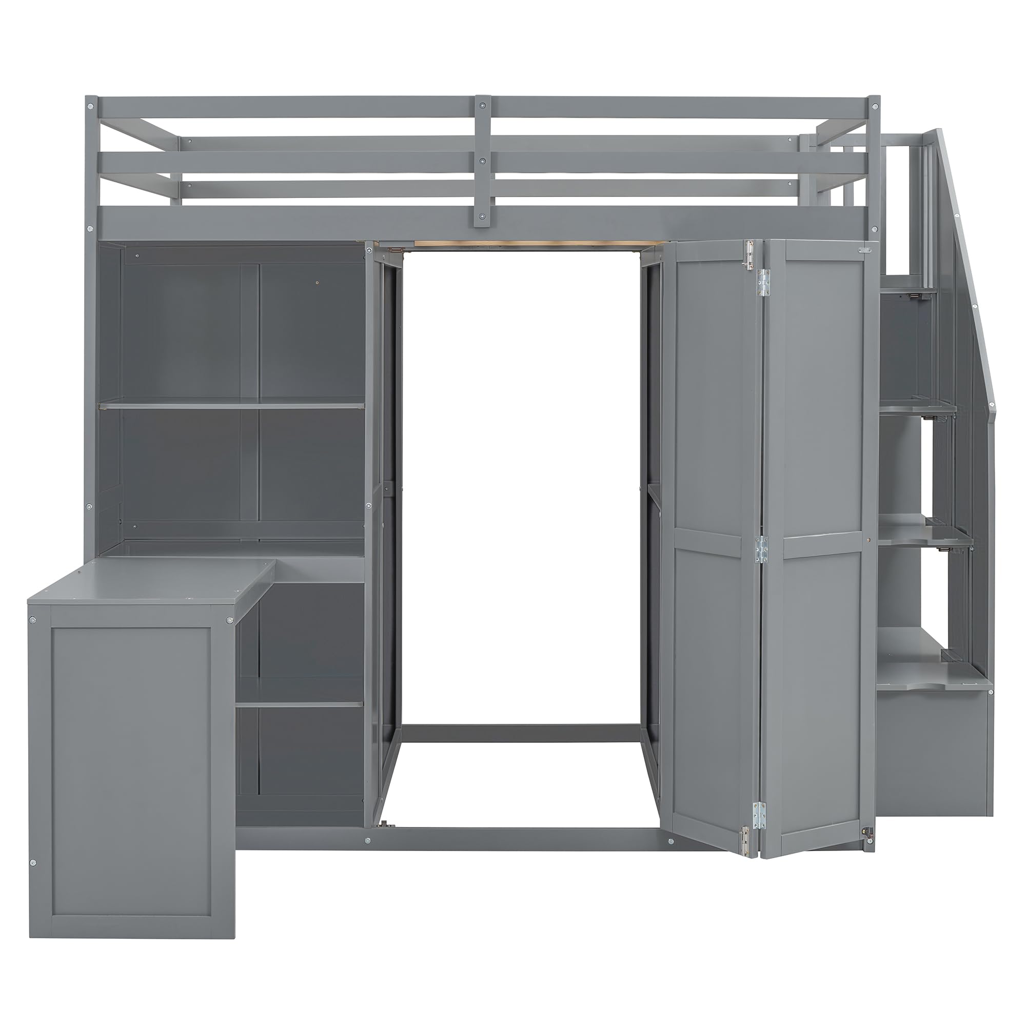 Merax Full Size Loft Bed with Wardrobe, Desk & Shelves - Sturdy Wooden Bunk Bed Frame in Grey - Perfect for Small Spaces, Dorm Rooms & Kids Bedrooms