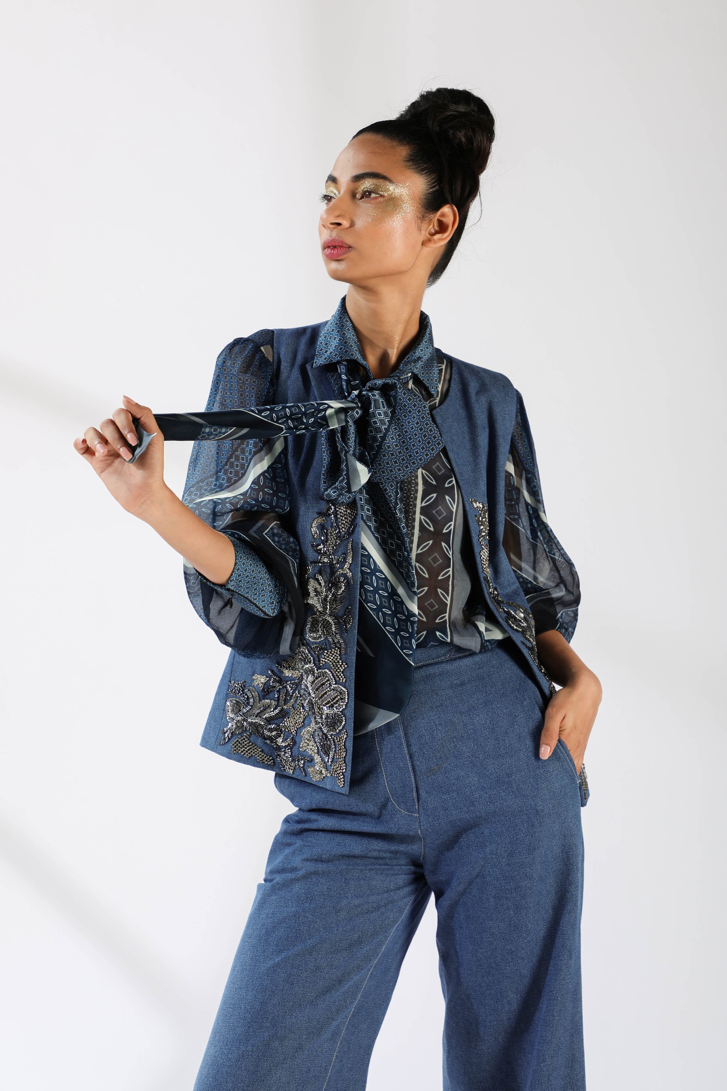 Organic Tile Print Blouson with Necktie - Stylish Women's Casual Shirt for Work & Date Night Outfits