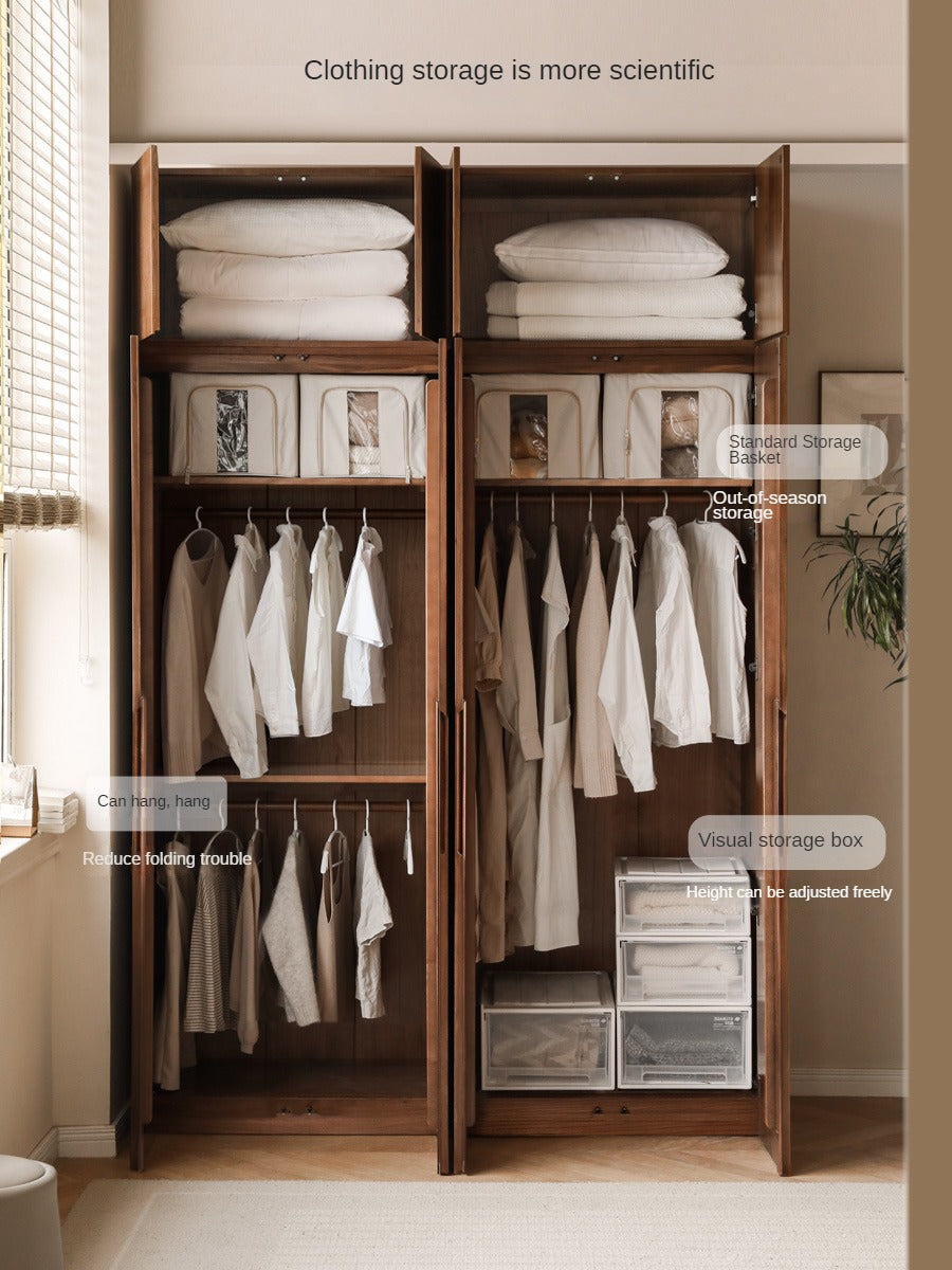 Premium Black Walnut Solid Wood Wardrobe - Double Door Closet with Mirror | Spacious Storage for Bedroom, Walk-in Closet & Guest Room Organization