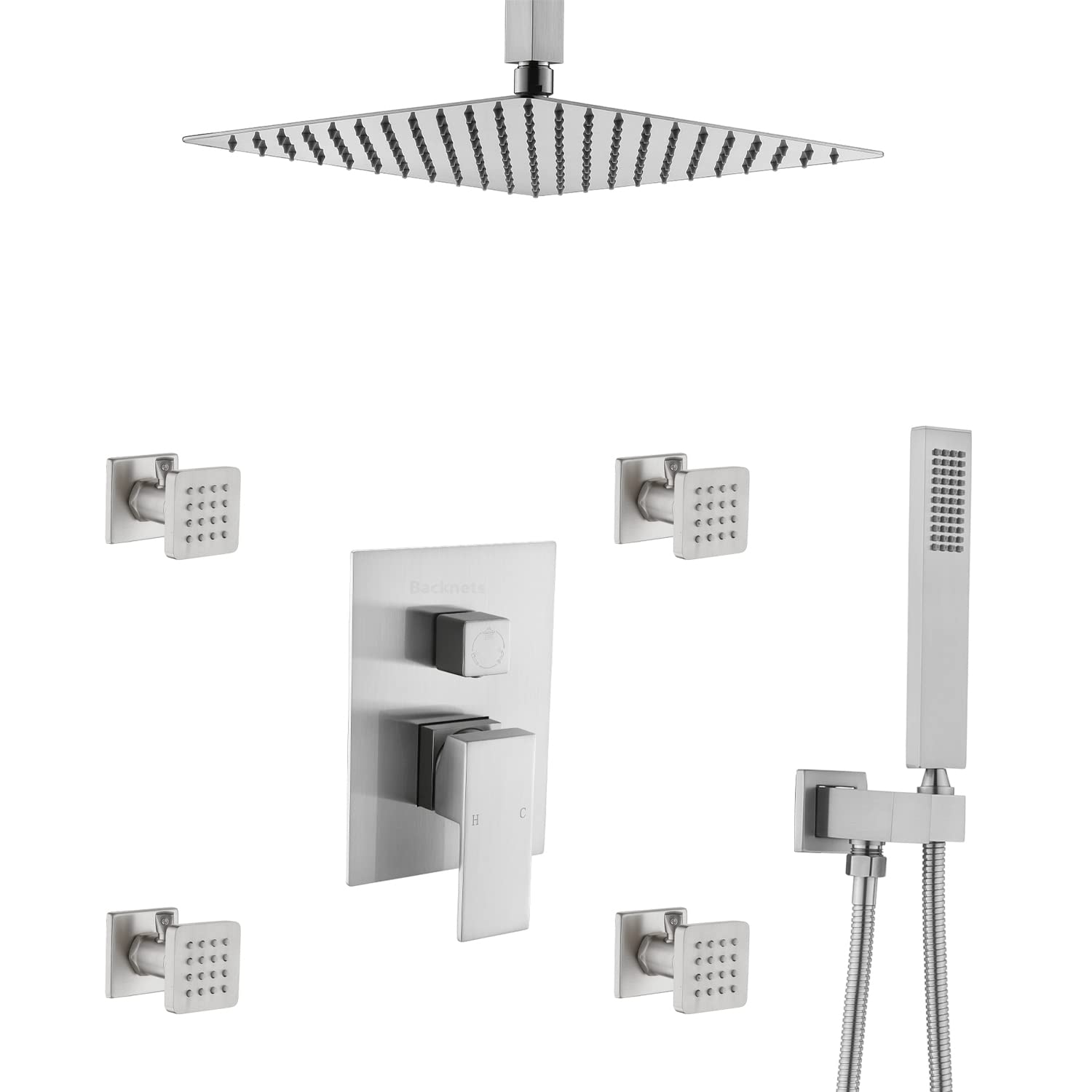 12 Inch Ceiling Mount High Pressure Shower System with 4 Adjustable Body Sprays - Brushed Nickel Rain Mixer Shower Combo for Luxurious Bathroom Experience | Perfect for Spa-Like Relaxation and Modern Home Upgrades