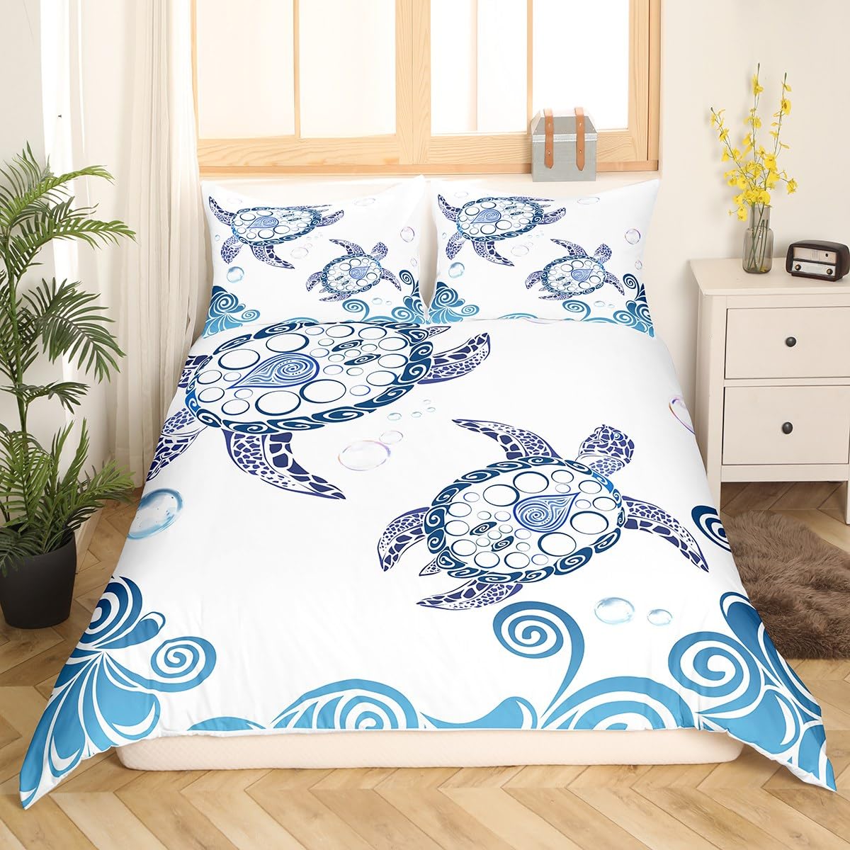 Soft Microfiber Turtle Print Duvet Cover Set - Full Size White & Blue Sea Turtle Pattern Bedding - Cute Ocean Themed Quilt Cover for Kids & Adults - Perfect for Beach House Decor, Coastal Bedroom, and Marine Lover's Home