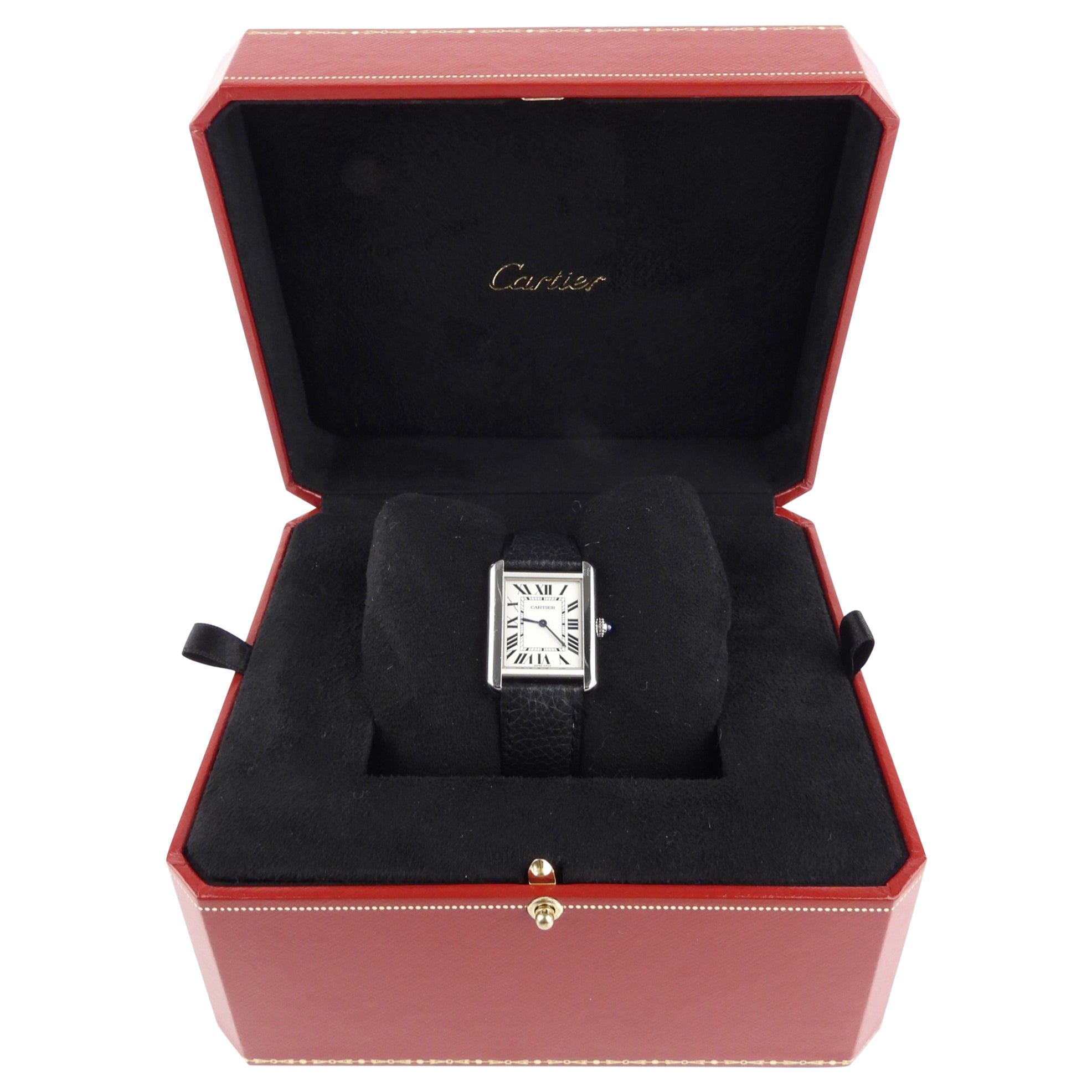 Cartier Tank Solo 22mm Stainless Steel Watch with Black Leather Band - Luxury Unisex Timepiece for Business & Formal Occasions