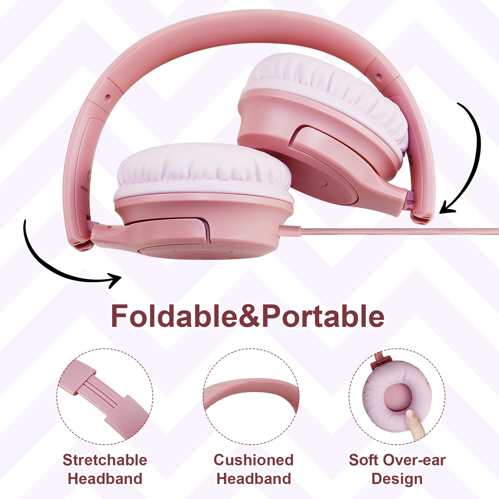 Kids Wired Headphones with Microphone - 85/94dB Safe Volume Limiter, Foldable Over-Ear Headset with 3.5mm Jack for Online Learning, Travel, School & Home Use - Compatible with iPad, Tablet, PC, Laptop - Pink (Ideal for Remote Classes, Gaming & Entertainment)