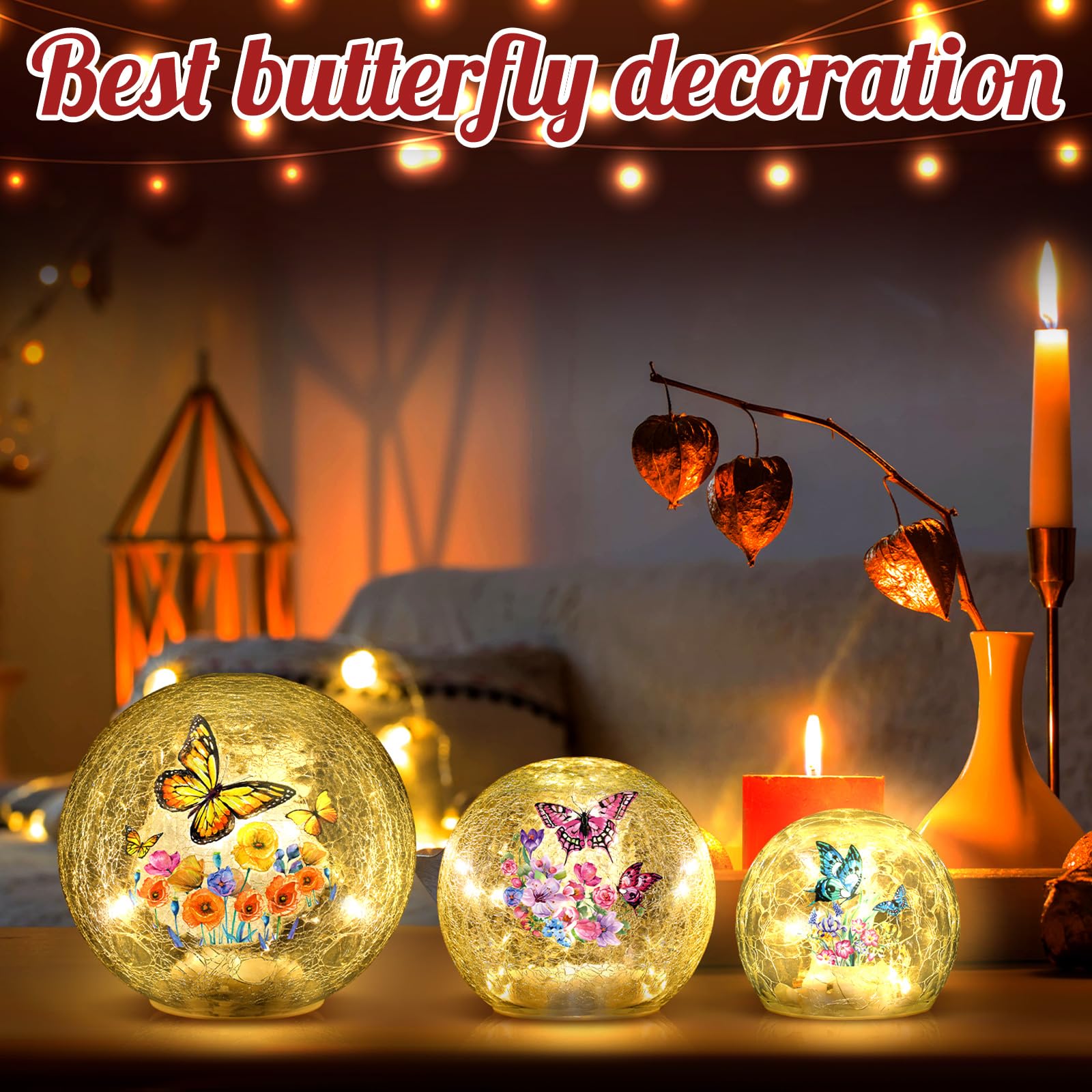 3-Piece Spring Butterfly Crackle Glass Ball Lights - LED Butterfly Globe Lamp for Home Decor, Indoor Tabletop Night Light, Romantic Bedroom & Living Room Decoration