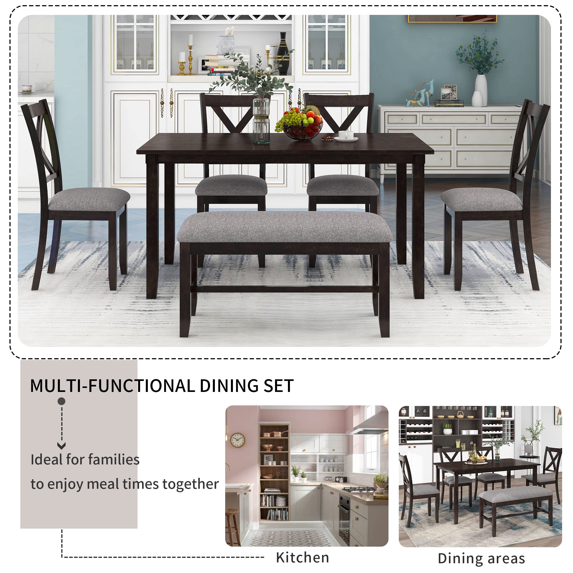LZ LEISURE ZONE 6-Piece Dining Table Set with Bench - Kitchen & Dining Room Furniture in Espresso & Grey - Perfect for Home, Restaurant, and Small Space Entertaining