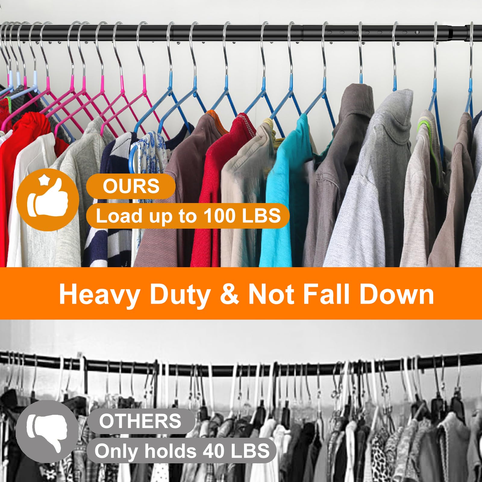 Adjustable Closet Rod 63-70 Inch - Heavy Duty Metal Clothes Hanging Pole with 100lb Weight Capacity - Space Saving Wardrobe Organizer for Bedrooms, Closets & Small Spaces