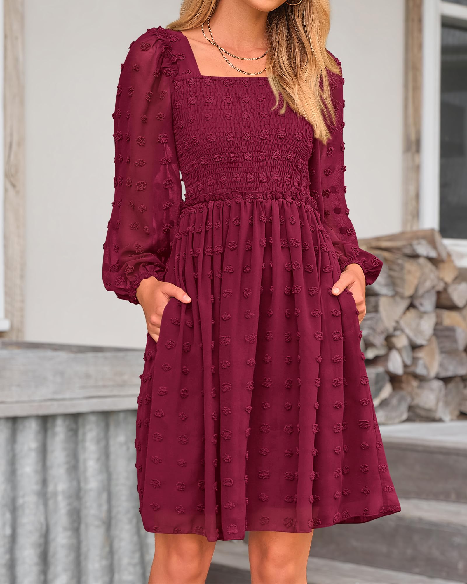 BTFBM Women's Floral Swiss Dot Square Neck Smocked Mini Dress - Long Sleeve Boho Wedding Guest Dress for Spring & Summer 2025 | Perfect for Garden Parties, Bridal Showers & Casual Events