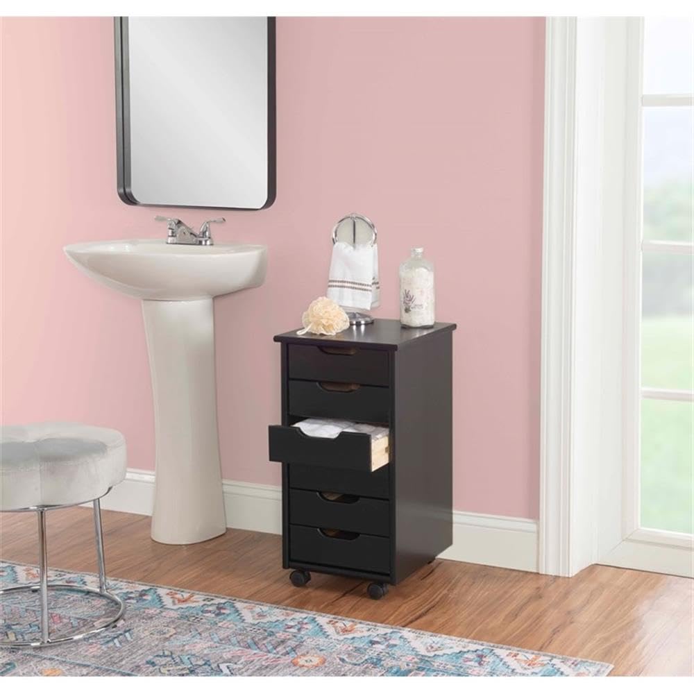 Mid Century Modern 6-Drawer Wood Dresser with Wheels - Black Rolling Storage Cabinet, Mobile Organizer Cart for Bedroom, Office, Living Room (15.35