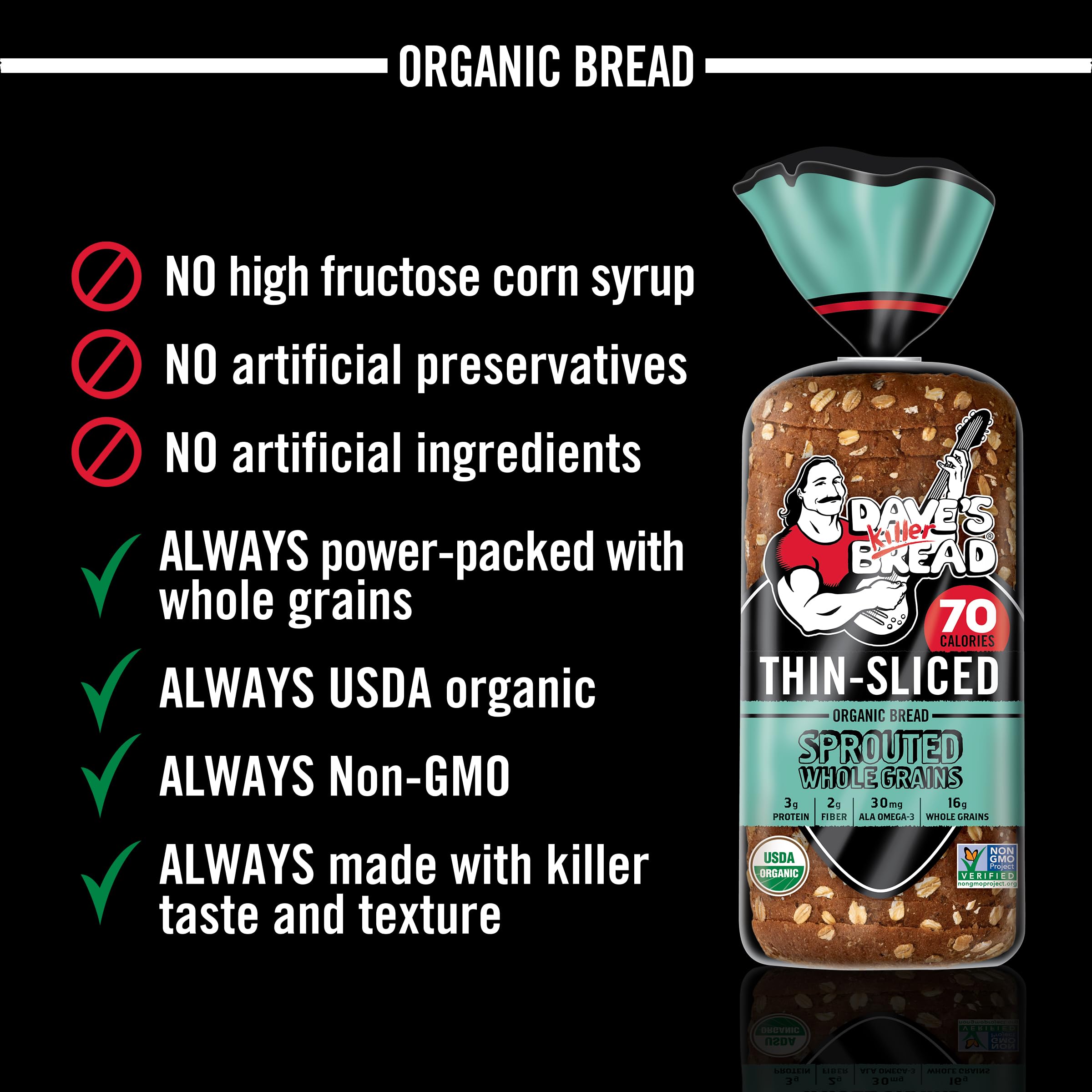 Dave's Killer Bread Organic Sprouted Whole Grain Thin-Sliced Bread - 20.5 oz Loaf | High Fiber Protein Rich | Perfect for Sandwiches, Toast & Healthy Breakfasts