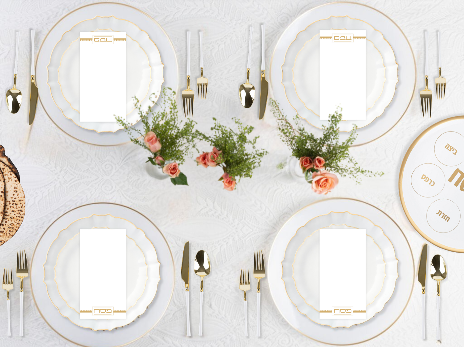 Luxury White & Gold Disposable Plastic Passover Seder Plate Set - Elegant Pesach Dinnerware for 30 Guests - Perfect for Jewish Holiday Celebrations, Family Gatherings & Festive Meals