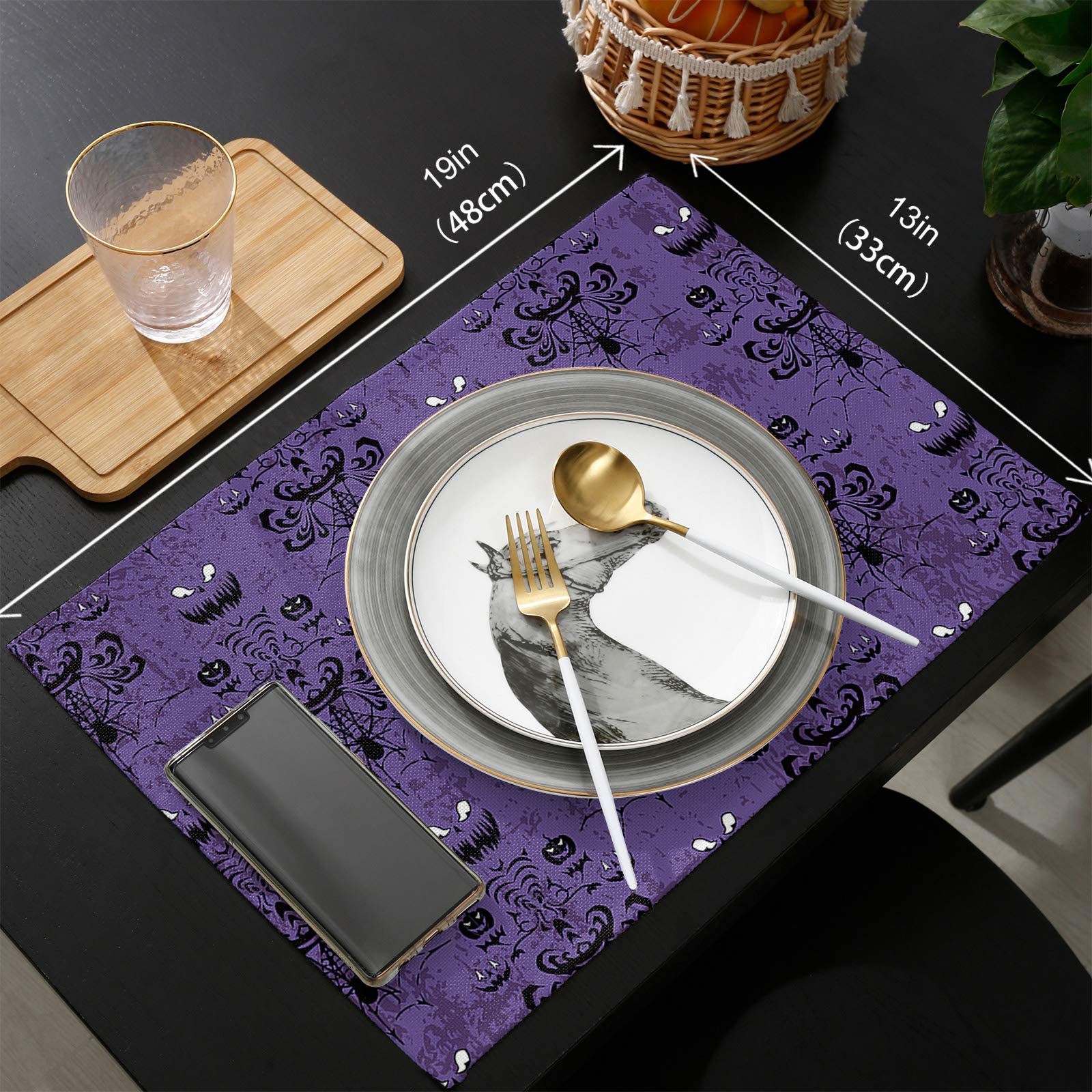 Halloween Placemats Set of 6 - Waterproof Cloth Table Mats for Dining, Cotton Linen Fabric Placemats in Purple - Haunted House Ghost & Spiderweb Design - Perfect for Scary Movie Nights, Halloween Parties & Spooky Dinner Decor