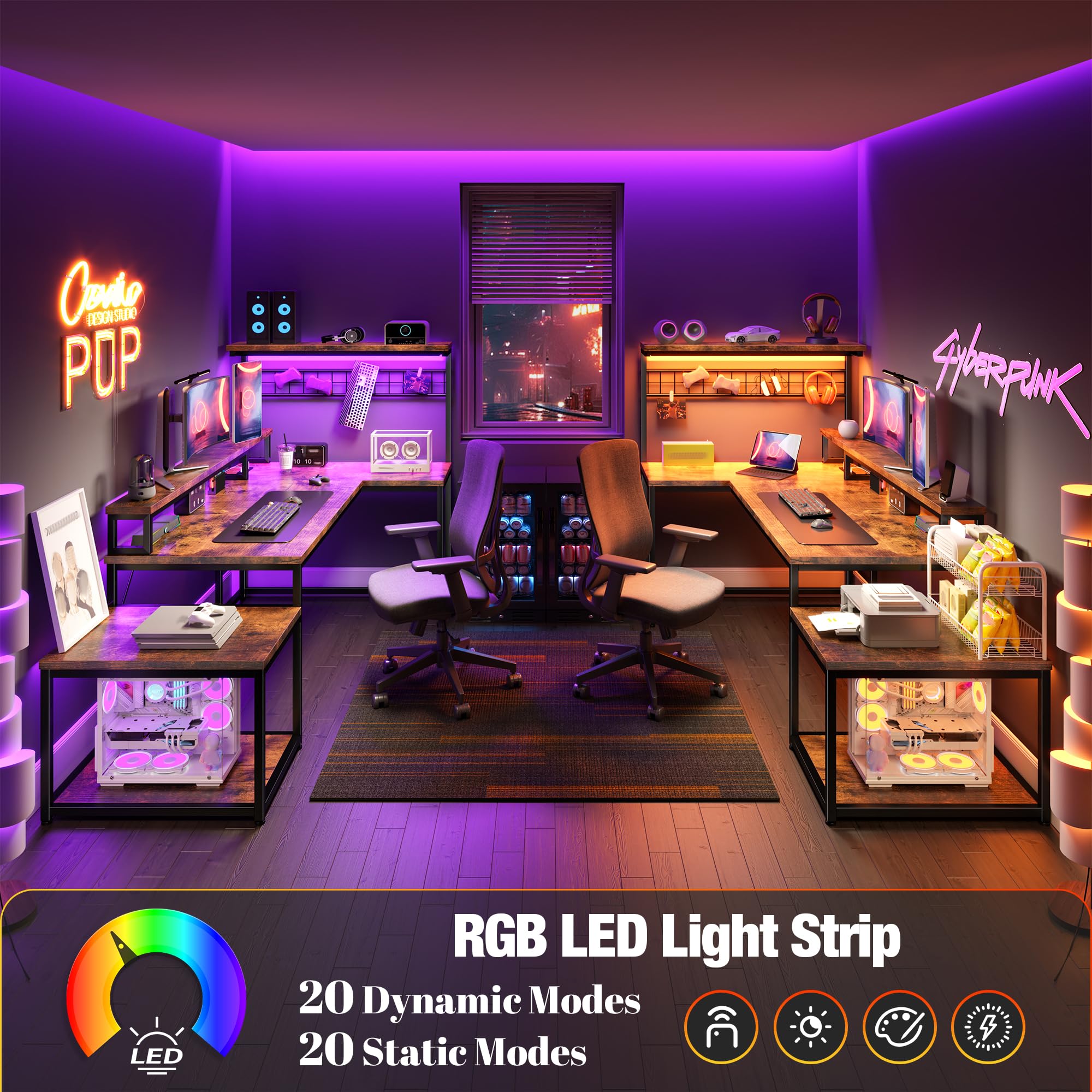 EnHomee L-Shaped Gaming Desk with Shelves, LED Lights & Power Outlets - Rustic Brown Computer Workstation for Home Office & Gaming Setup
