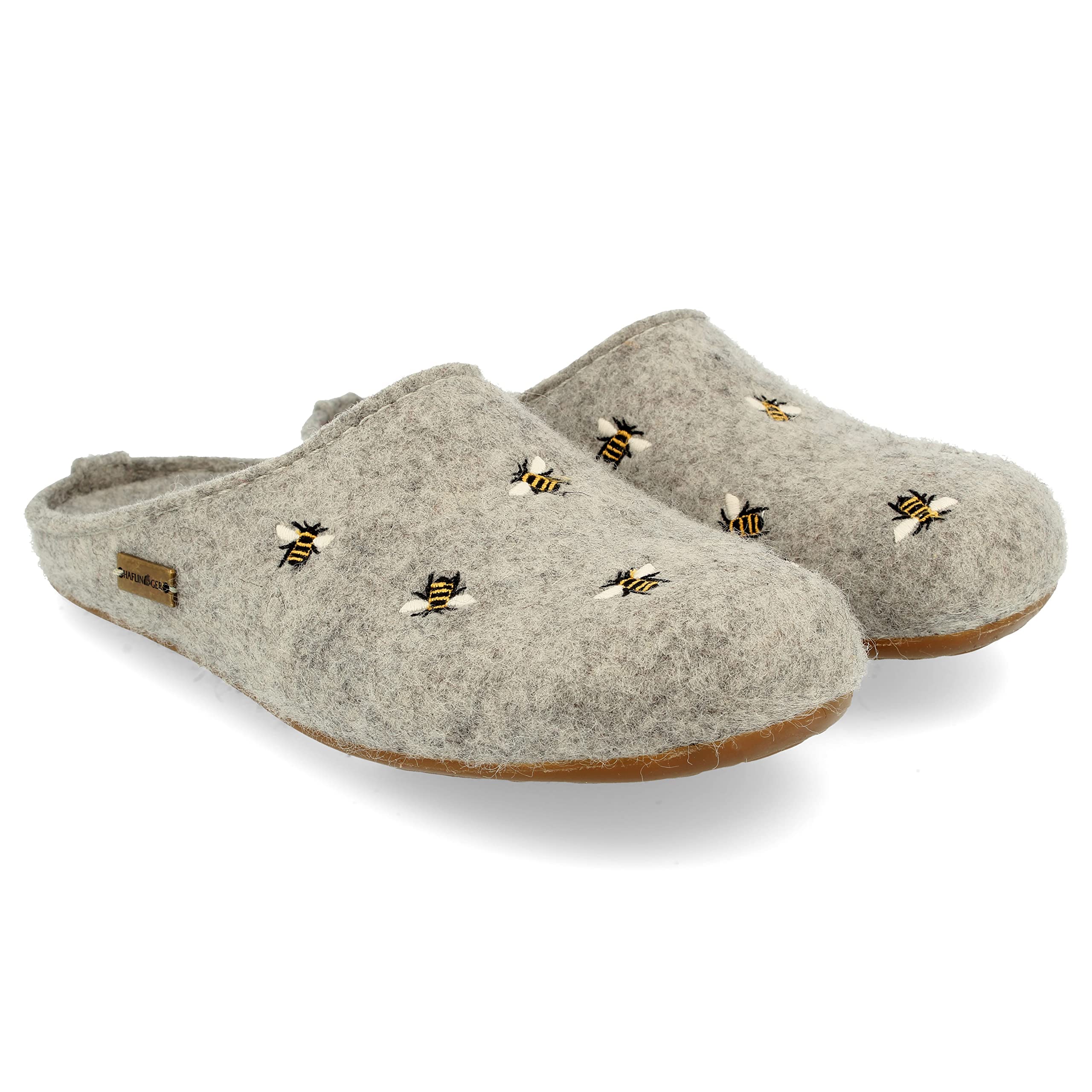 HAFLINGER Women's Api Grey Wool Slip-On Mule Slippers with Bee Motif - Cozy Indoor House Shoes for Relaxing at Home
