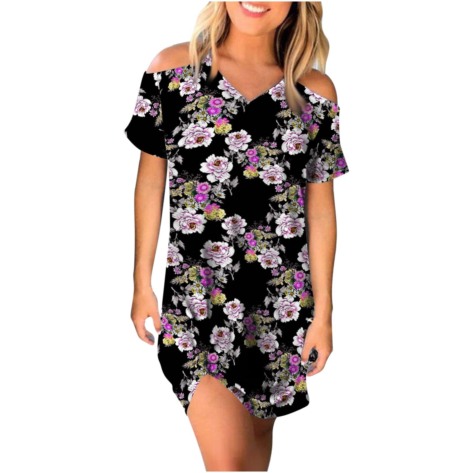 Women's Floral Sundress - Casual Short Sleeve V-Neck Mini Dress with Sequins & High Waist | Perfect for Summer Vacation, Beach Outings, and Date Nights