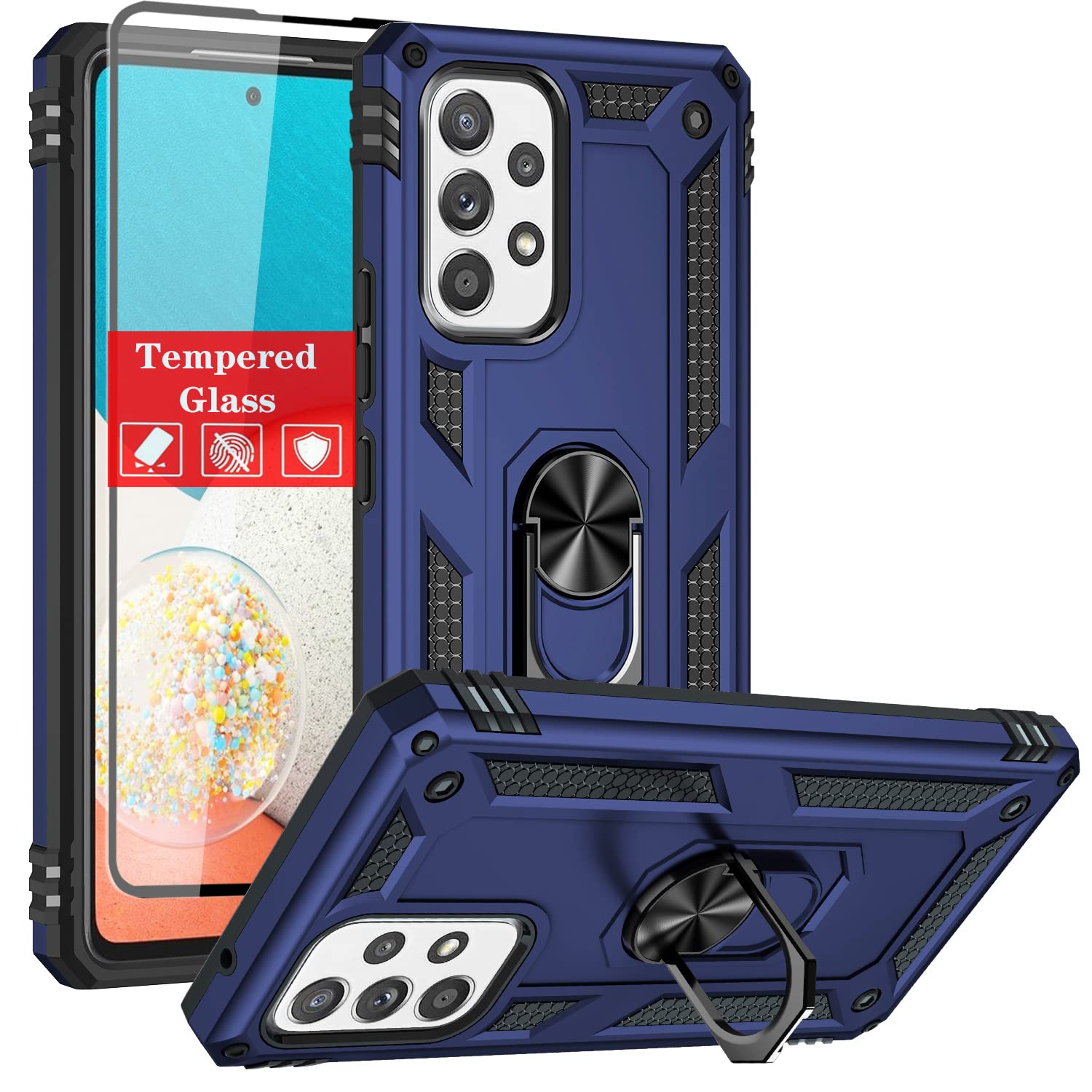 **SunRemex Military Grade Protective Case for Samsung Galaxy A53 5G with Kickstand & Tempered Glass Screen Protector - Shockproof Cover for Everyday Use, Travel & Outdoor Activities (Blue)**