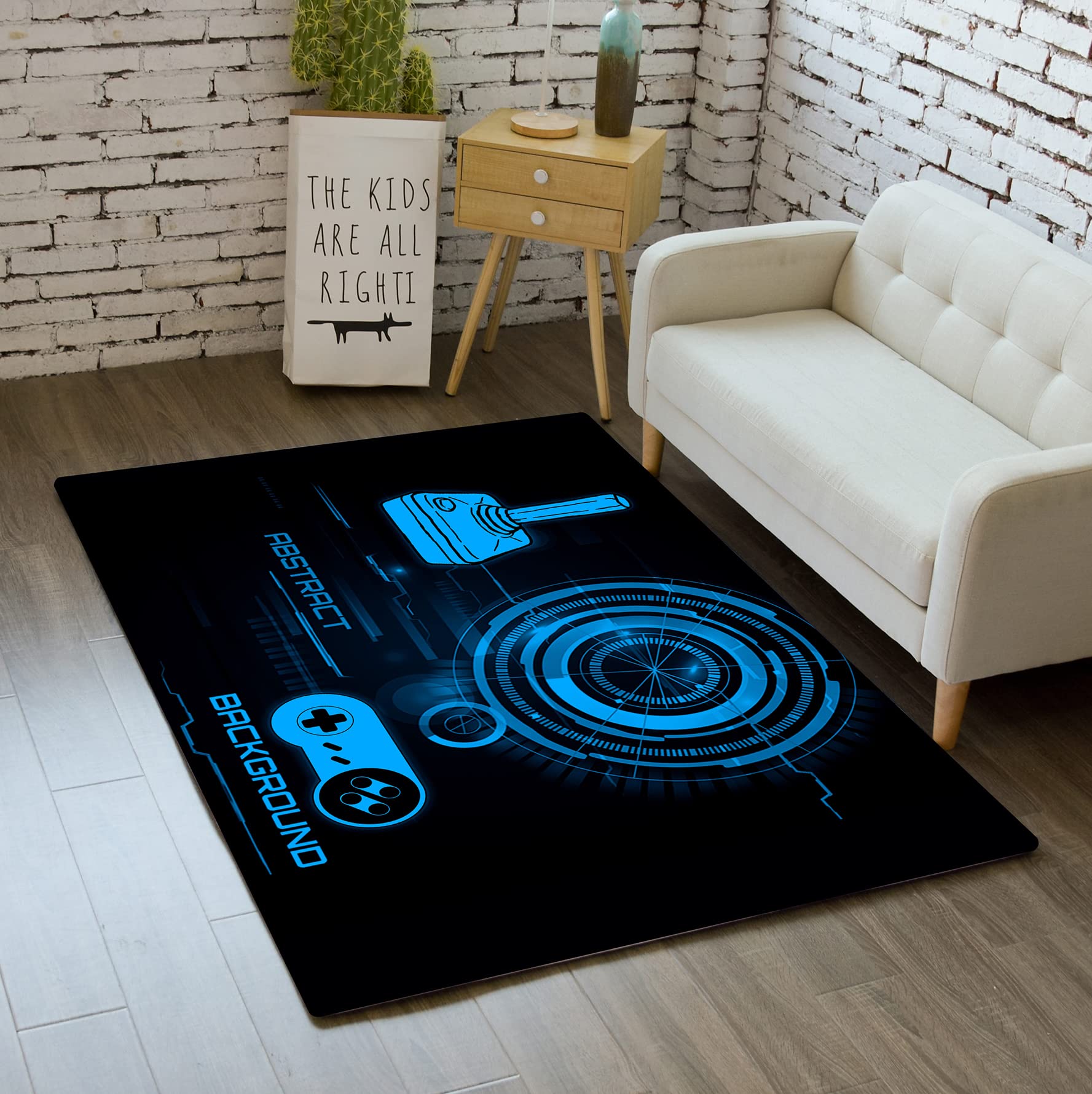2'x3' Video Game Area Rug - Cool Gaming Carpet for Living Room & Playroom - Gamepad Joystick Design for Boys & Teens - Black & Blue Floor Mat - Perfect for Gamers, Bedroom Decor, and Game Room Setup