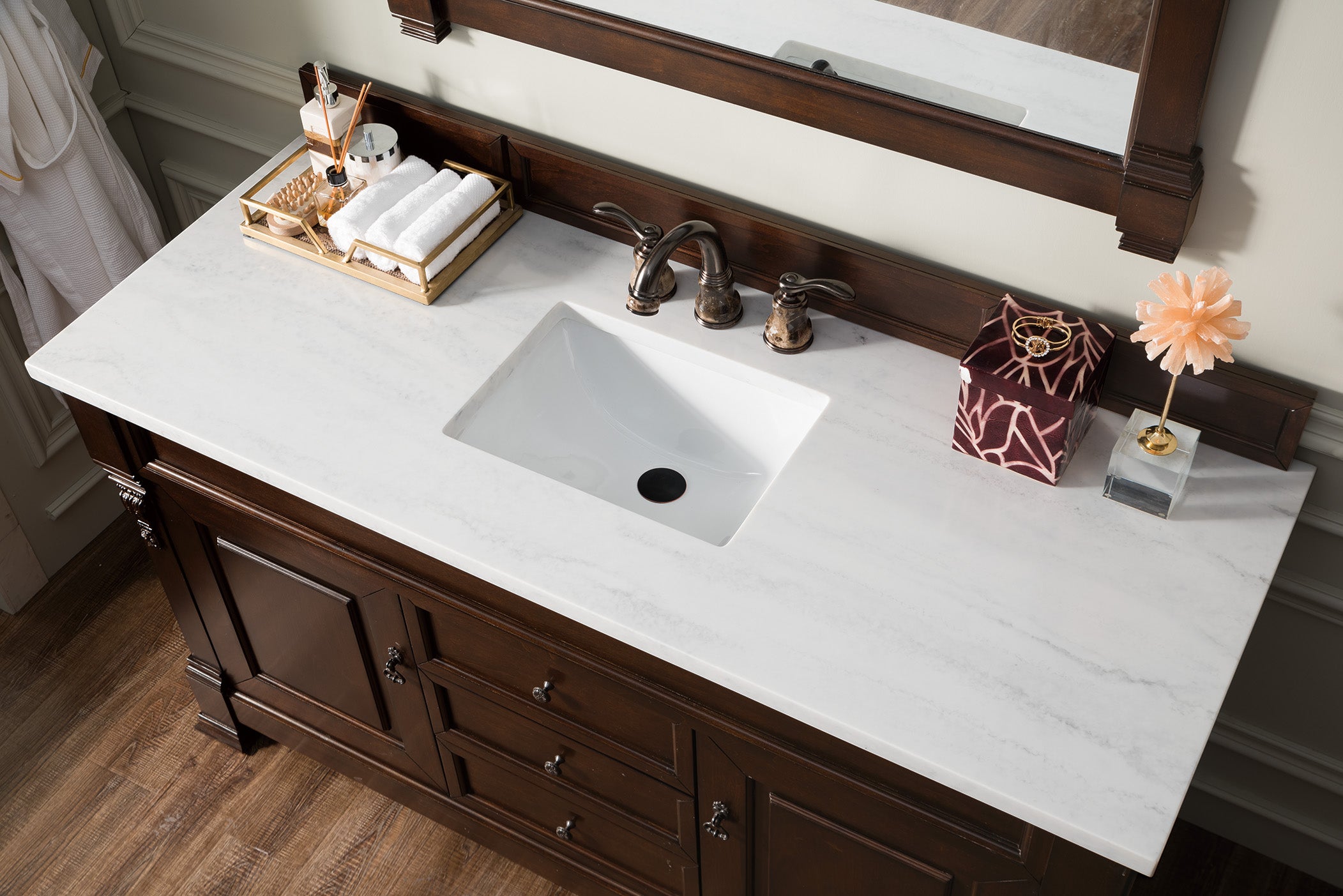 Brookfield 60-Inch Single Bathroom Vanity with Burnished Mahogany Finish & 3CM Arctic Fall Solid Surface Top - Perfect for Modern Master Bathrooms & Powder Rooms