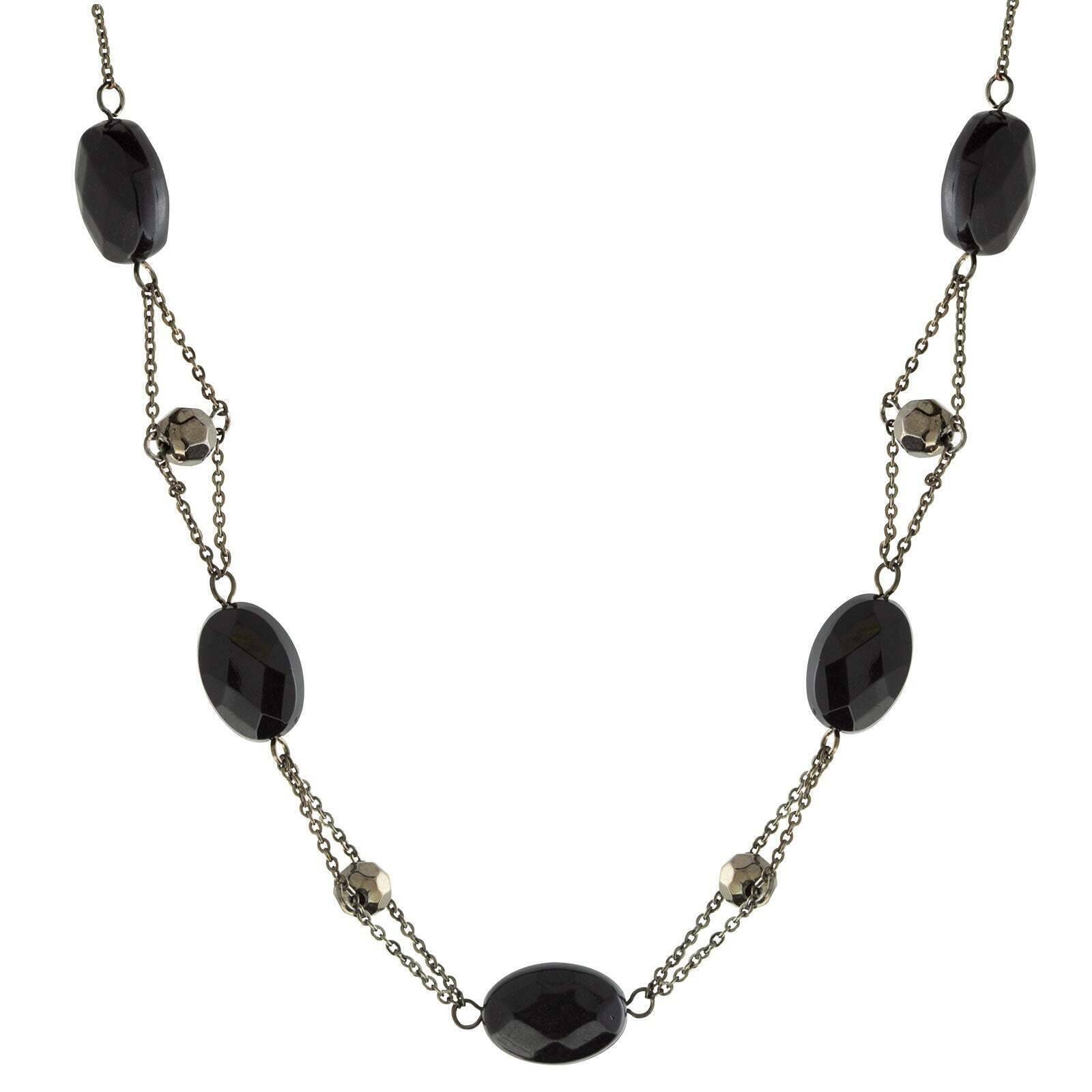 1928 Jewelry Black Trapeze Hematite Crystal Oval Beaded Necklace for Women - Elegant Gothic Statement Piece for Evening Parties & Special Occasions