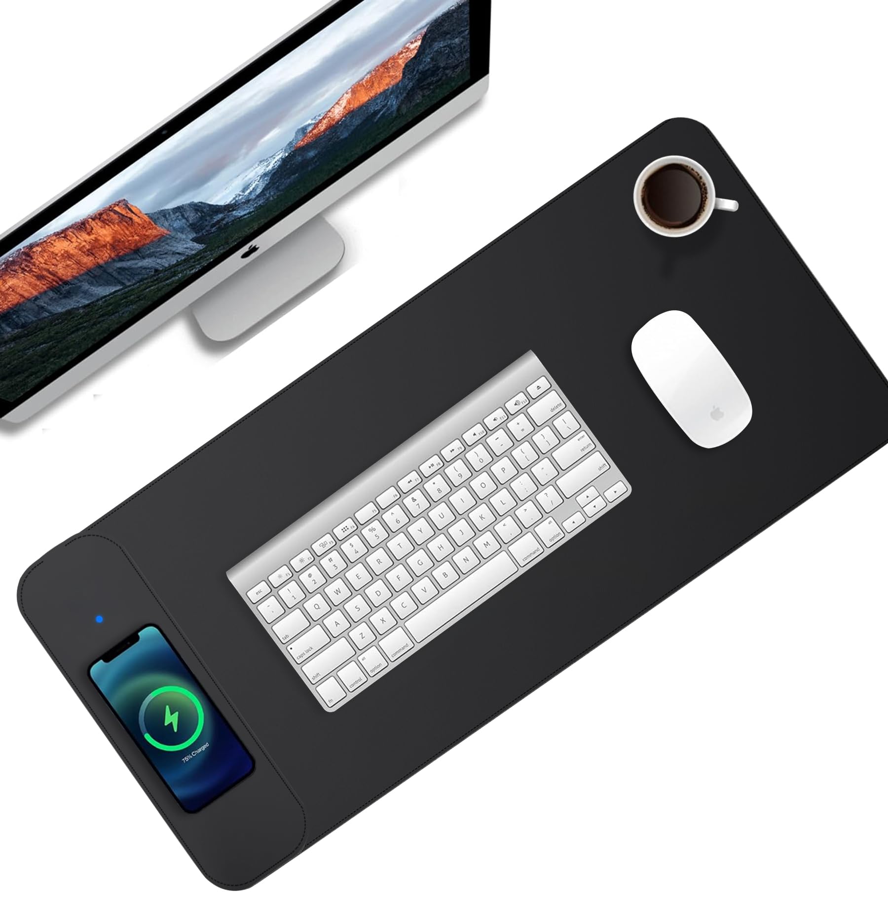 15W Fast Wireless Charging Mouse Pad with Phone Charger - 28.7 x 13 Inch Non-Slip Faux Leather Large Mousepad for Computer, Laptop, MacBook (Black) - Perfect for Office, Gaming & Home Workspace