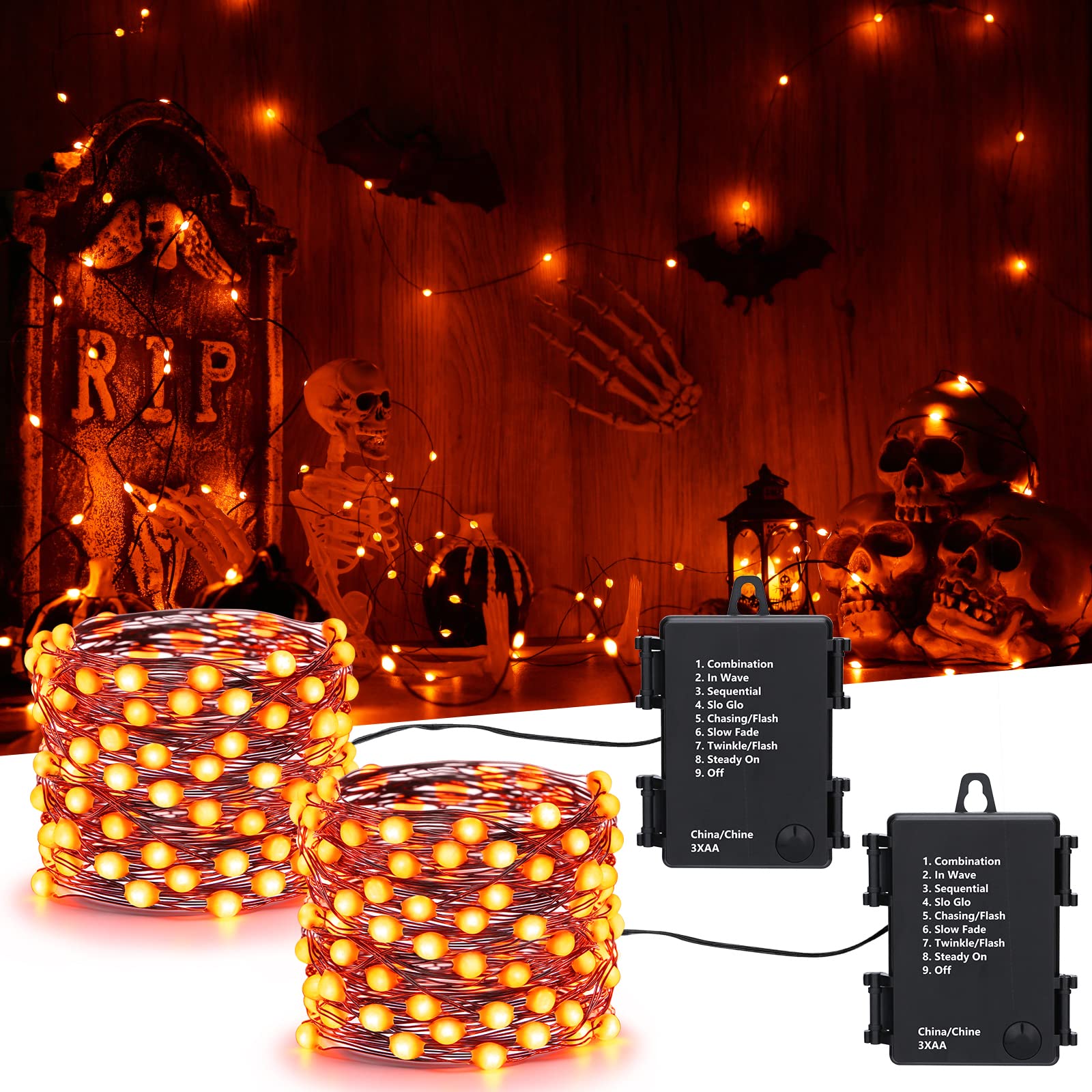 iBaycon 2 Pack 50 LED Battery Operated Christmas Lights - 16.4ft Waterproof Orange Twinkle Fairy Lights with 8 Modes & Timer - Indoor Outdoor Holiday Decor for Tree, Party, Wedding, Garden, Patio