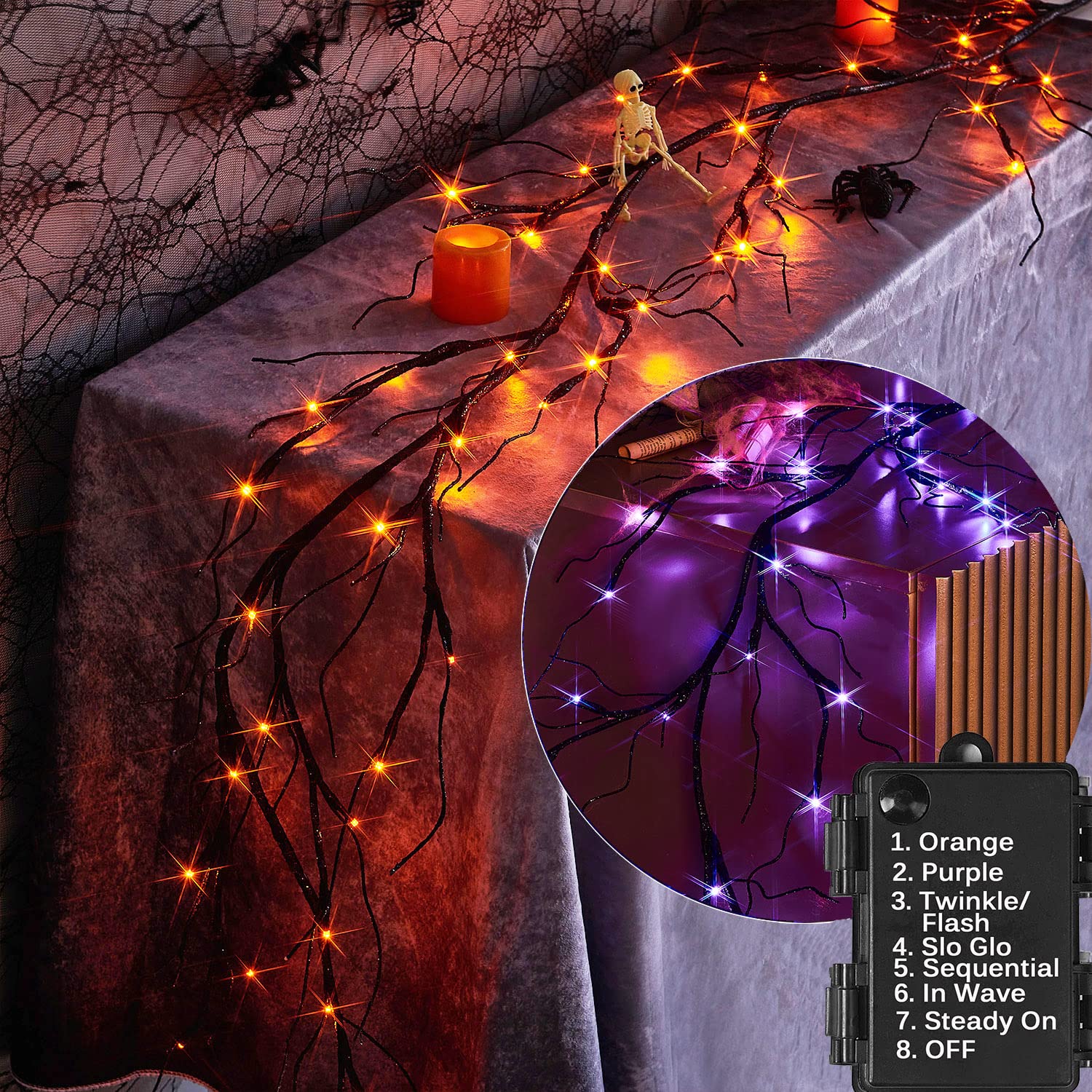 LITBLOOM 6FT Black Glitter Halloween Garland with 48 Orange & Purple LED Lights - 8 Lighting Modes, Battery Operated for Indoor/Outdoor Decor - Perfect for Halloween Parties, Home Decor, and Seasonal Celebrations