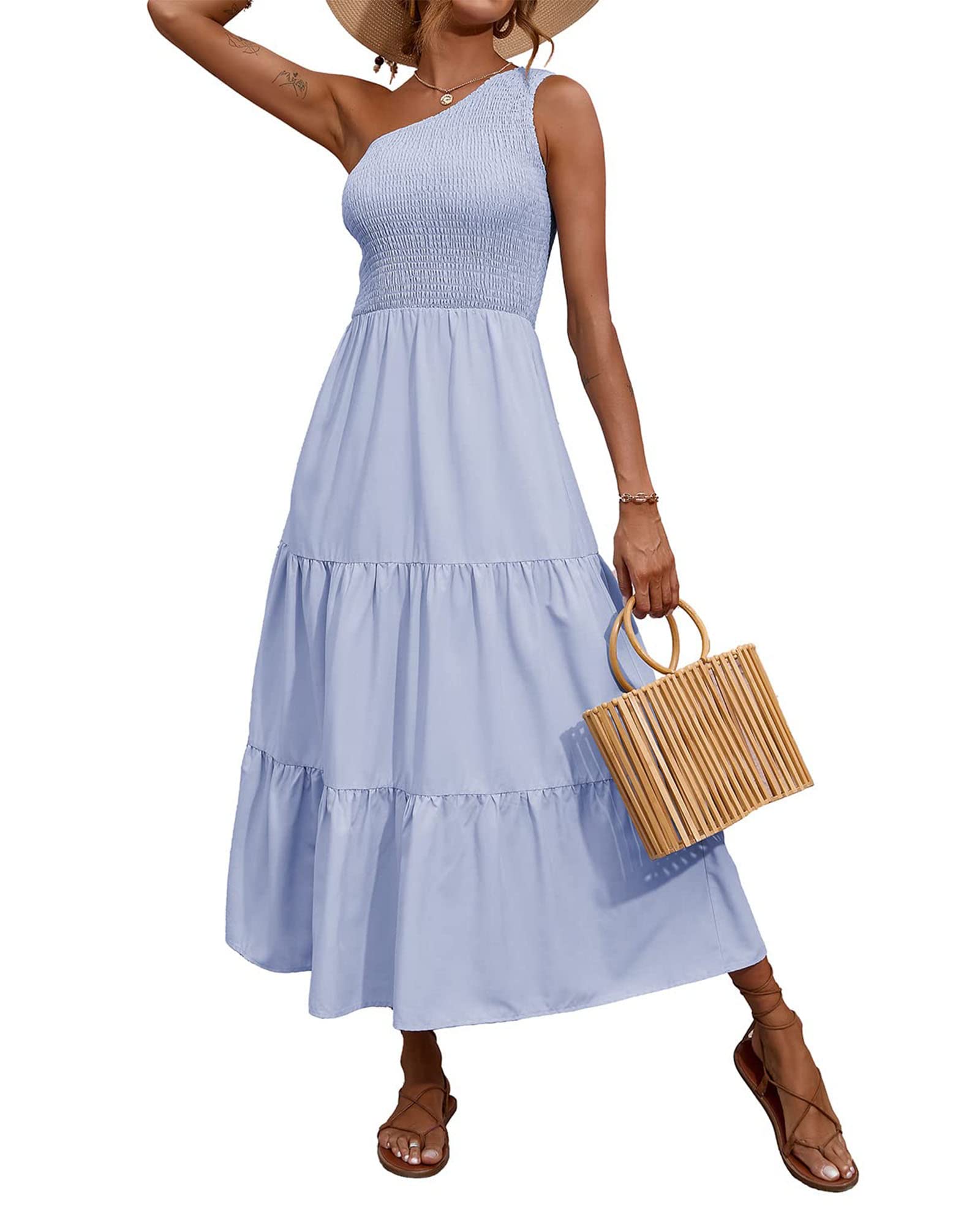 BTFBM Women's 2025 Summer One Shoulder Floral Maxi Dress - Casual Sleeveless High Waist Flowy Smocked Boho Beach Dress for Vacations, Parties & Outdoor Events