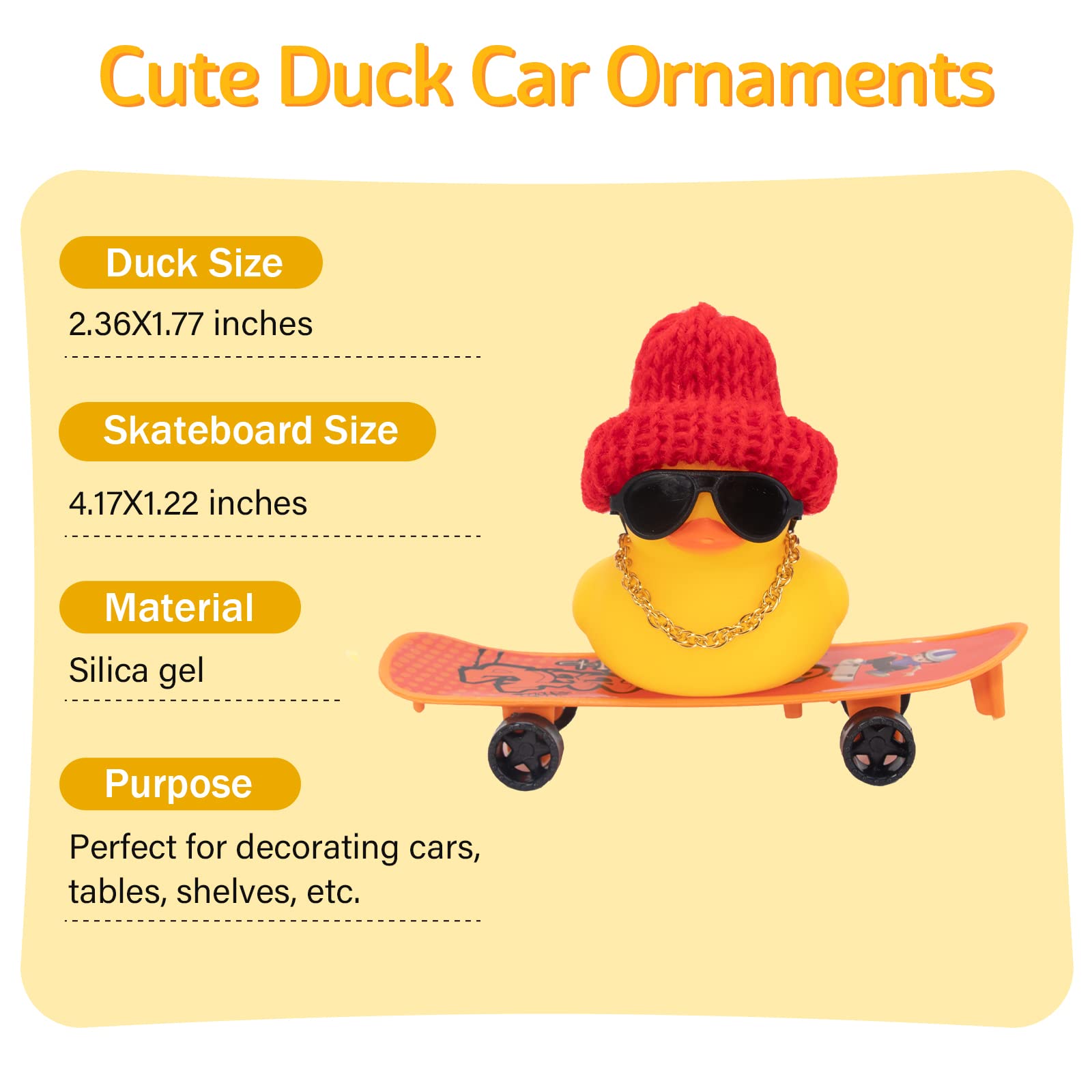 Wonuu Car Duck Ornament - Rubber Duck Dashboard Decoration with Mini Hat, Necklace, Sunglasses, Chair & Skateboard - Perfect for Car Accessories, Gift Ideas, and Office Desk Fun