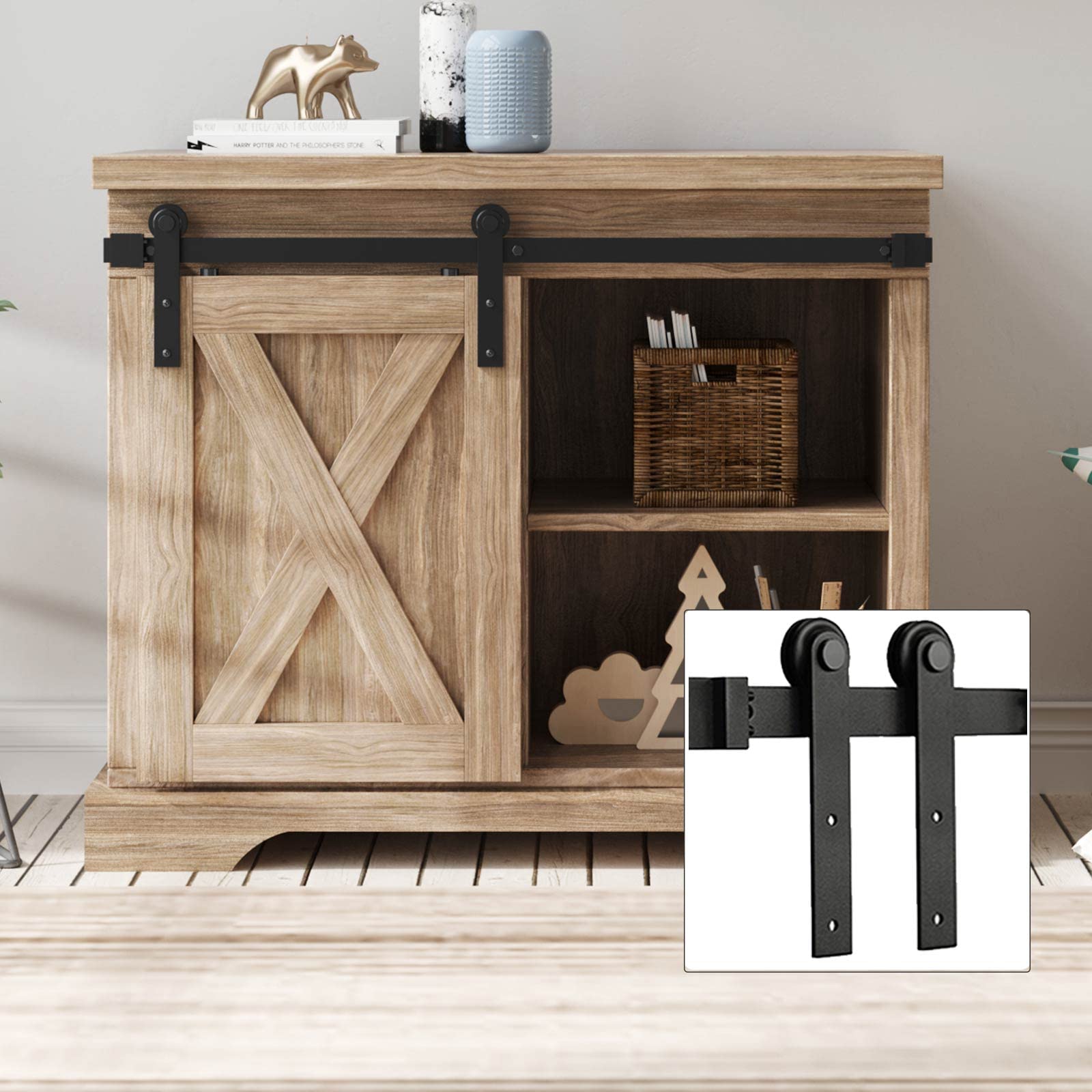 FREDBECK 36 Inch Mini Barn Door Hardware Track Kit for Cabinets, Closets & Cupboards - 3FT Single Door Rail System Fits 15