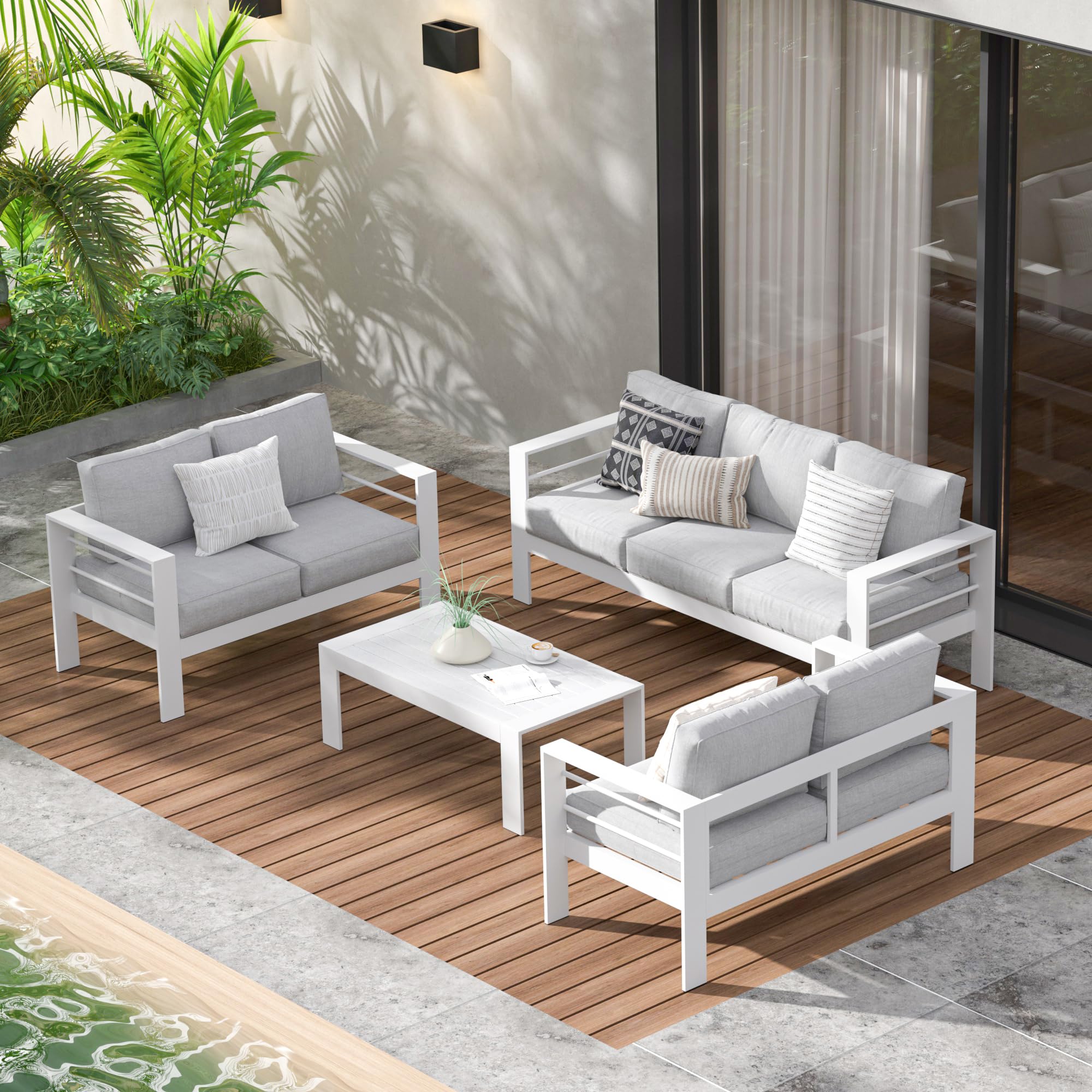 Modern Wisteria Lane Aluminum Outdoor Patio Furniture Set - 5-Piece Metal Sectional Sofa with Cushions & Coffee Table - Light Grey Balcony, Garden, Backyard Conversation Set for Relaxing & Entertaining