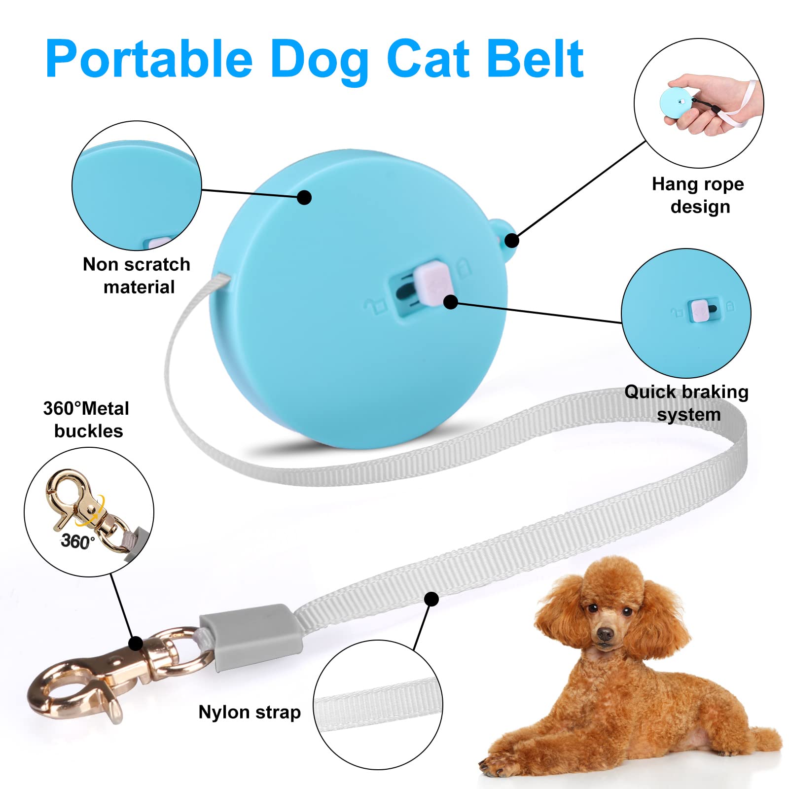Retractable Dog Leash for Small Dogs & Cats up to 11lbs - 6.5ft Anti-Pull Nylon Tape Leash with Wrist Strap & One-Hand Brake - Hands Free, Portable Walking Leash for Puppies & Kittens (Blue Round) - Perfect for Daily Walks, Jogging & Outdoor Adventures