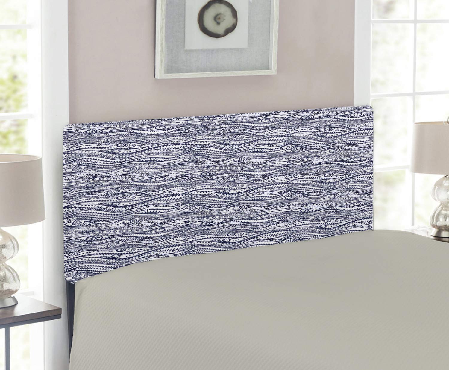 Ambesonne Tribal Vintage Upholstered Headboard with Wavy Curved Lines & Triangle Folk Print - Twin Size Dark Blue & White Memory Foam Bed Headboard for Bedroom Decor | Perfect for Bohemian, Tribal & Vintage Style Bedrooms