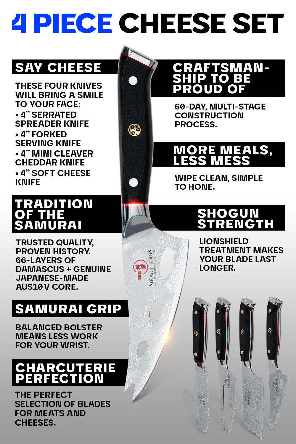 Dalstrong Shogun Series ELITE 4-Piece Cheese Knife Set - Premium Stainless Steel Cheese Slicers for Charcuterie Boards, Wine Pairings & Gourmet Entertaining