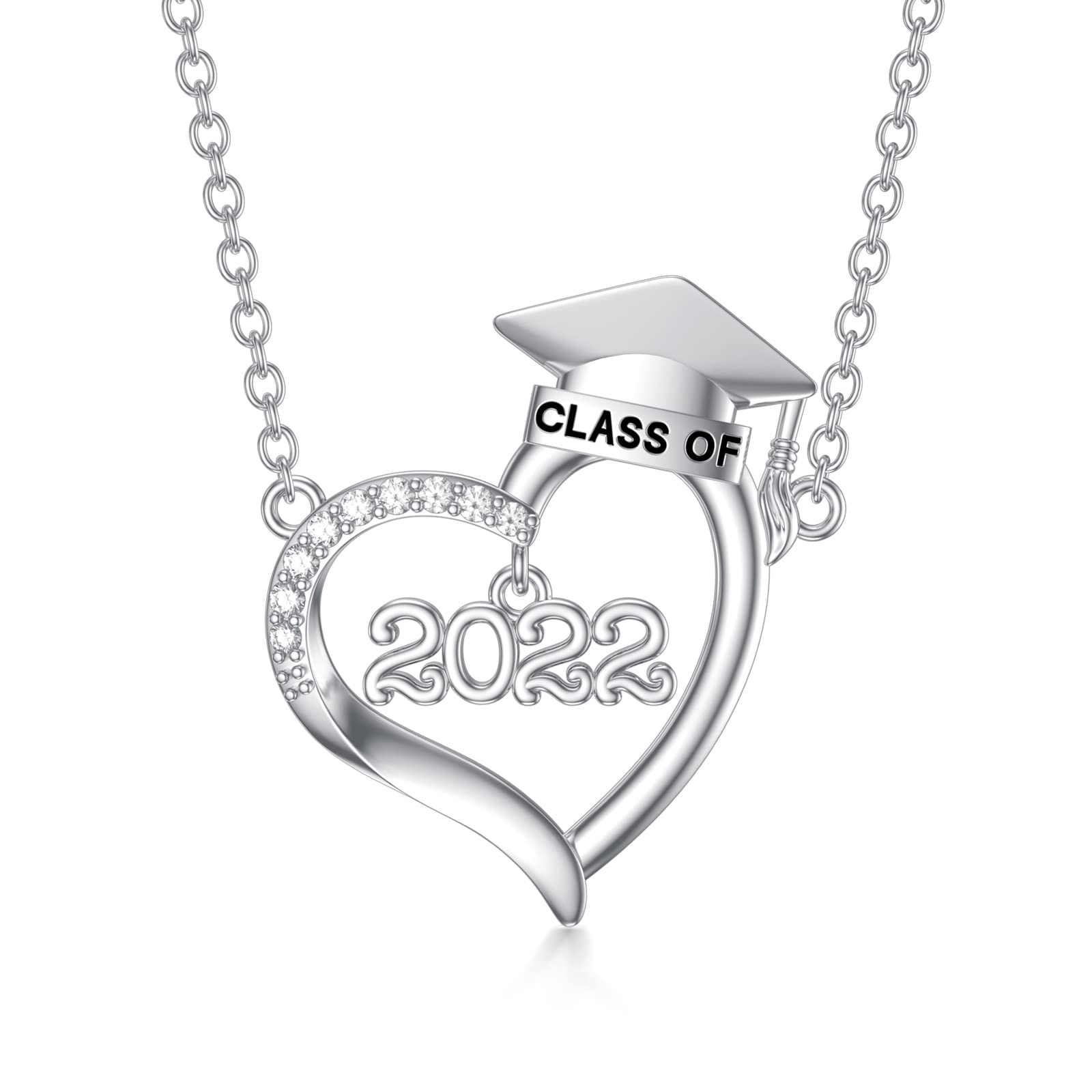 14K White Gold Plated 925 Sterling Silver Graduation Necklace for Women - Natural Diamond Heart Pendant with 18