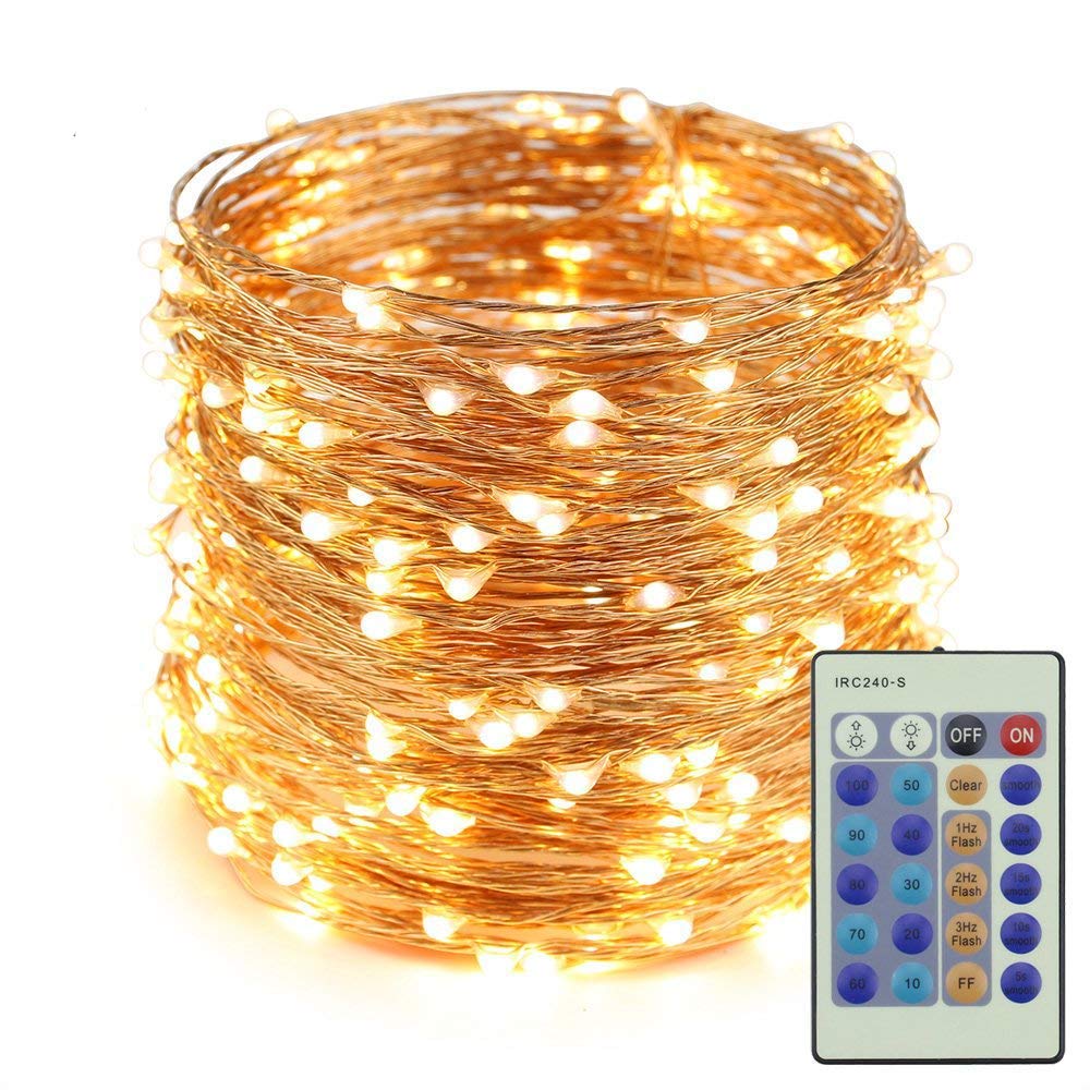 Dimmable LED String Lights 100Ft 300 LEDs - Remote Controlled Copper Wire Fairy Lights for Christmas, Wedding, Party Decor - Warm White Starry Lights for Indoor/Outdoor Seasonal Decoration