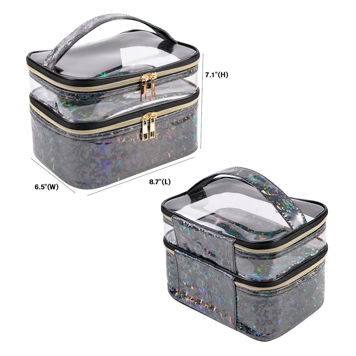 FITINI Double Layer Water-resistant Makeup Bag for Women - Travel Cosmetic Organizer with Brush Holder, Toiletry Storage Case (Black) | Perfect for Travel, Gym & Daily Makeup Organization
