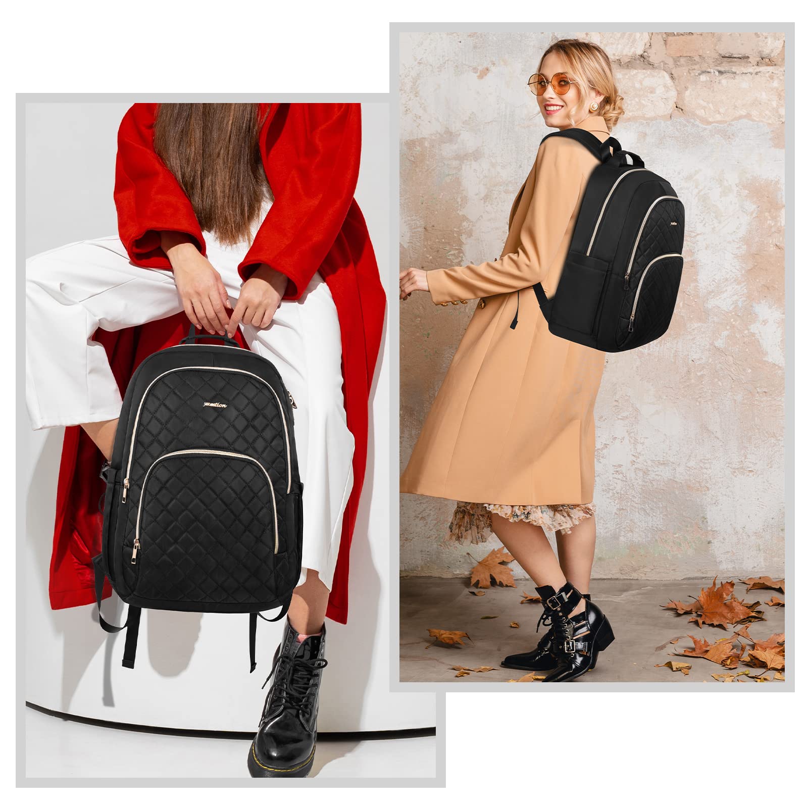 YAMTION Women's Black Backpack with USB Charger - Stylish School Backpack for College, Travel & Work - Perfect for University Students, Office Professionals & Daily Commuters