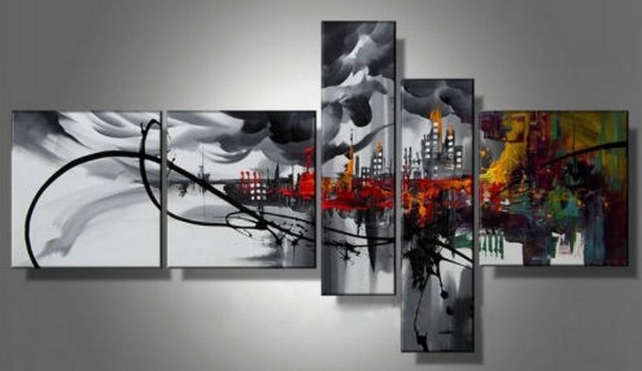 Modern Cityscape Wall Art Set - 5 Piece Black Acrylic Hand-Painted Canvas Painting for Living Room & Office Decor