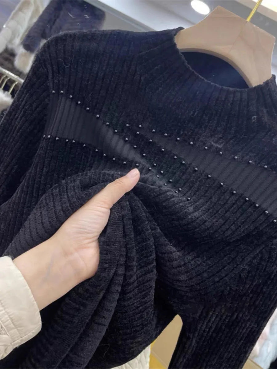 Women's Slim Fit Mesh Rhinestone Sweater - High Quality Mock Neck Knitted Top for Autumn & Winter | Elegant Layering Piece for Office, Party & Date Nights