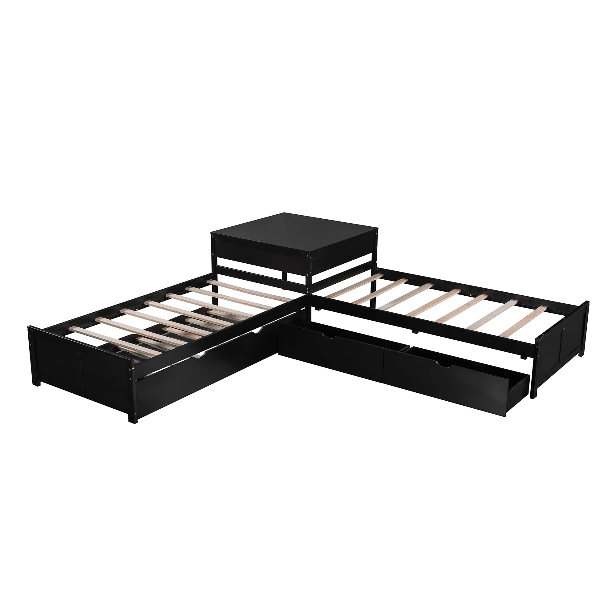 Bellemave L-Shaped Twin Platform Bed with Desk & Storage Drawers - Modern Wooden Bed Frame with Trundle, 3-in-1 Space-Saving Design in Espresso Finish - Perfect for Small Bedrooms, Dorm Rooms & Studio Apartments