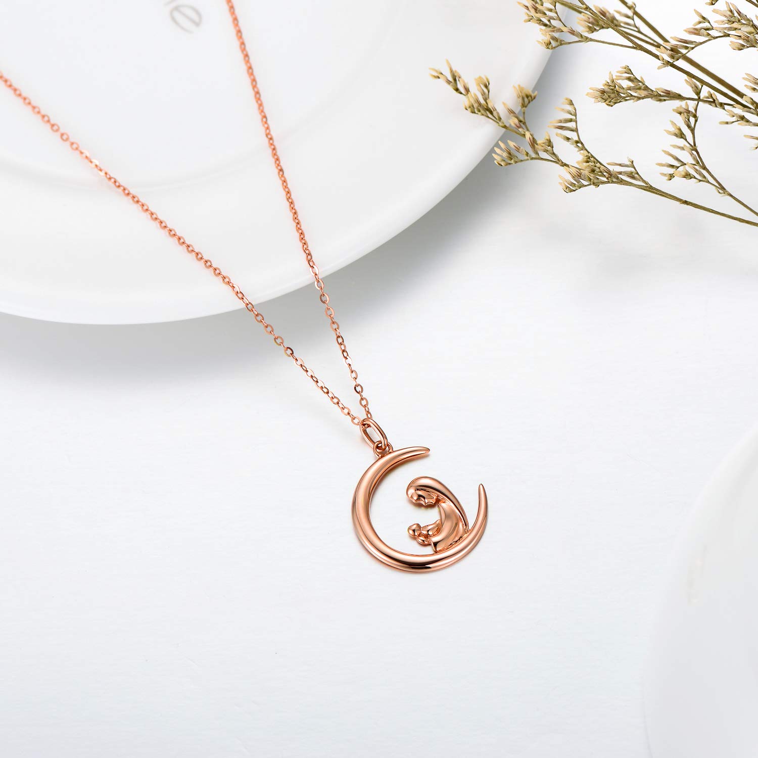 14K Gold Mother Necklace for Women - Elegant Crescent Moon Pendant with Mother & Child Design, 16