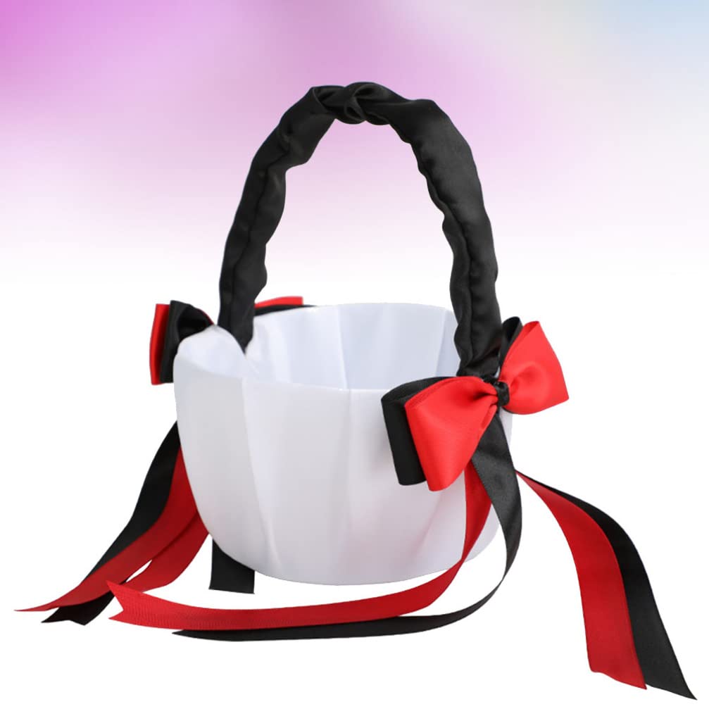 Elegant Black and Red Bowknot Flower Girl Basket with Handle - Wedding Ceremony Party Decoration for Romantic Bridal Showers, Receptions & Photo Props