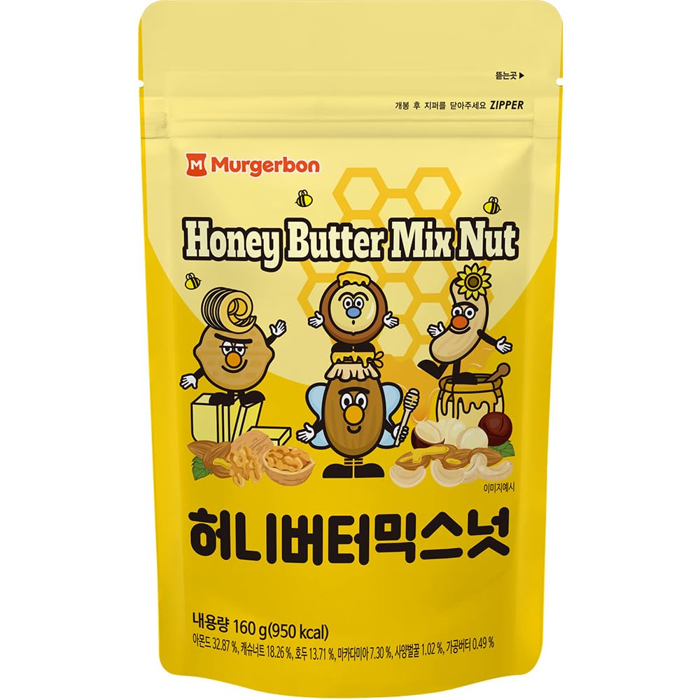 Official MURGERBON Honey Butter Mixed Nuts - High Protein Healthy Snacks, Resealable Zip Pouch for Freshness - Perfect for Kids Lunch Box, School Snacks, Office Break, Travel & Outdoor Activities (5.6oz Pack)