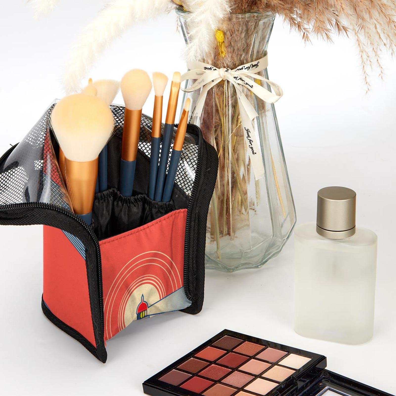 Premium 12-Piece Makeup Brush Organizer Bag with Lighthouse & Blue Sea Design - Portable Travel Makeup Brush Holder Case for Artists, Professionals & On-The-Go Beauty Lovers (Ideal for Travel, Home Vanity & Salon Use)