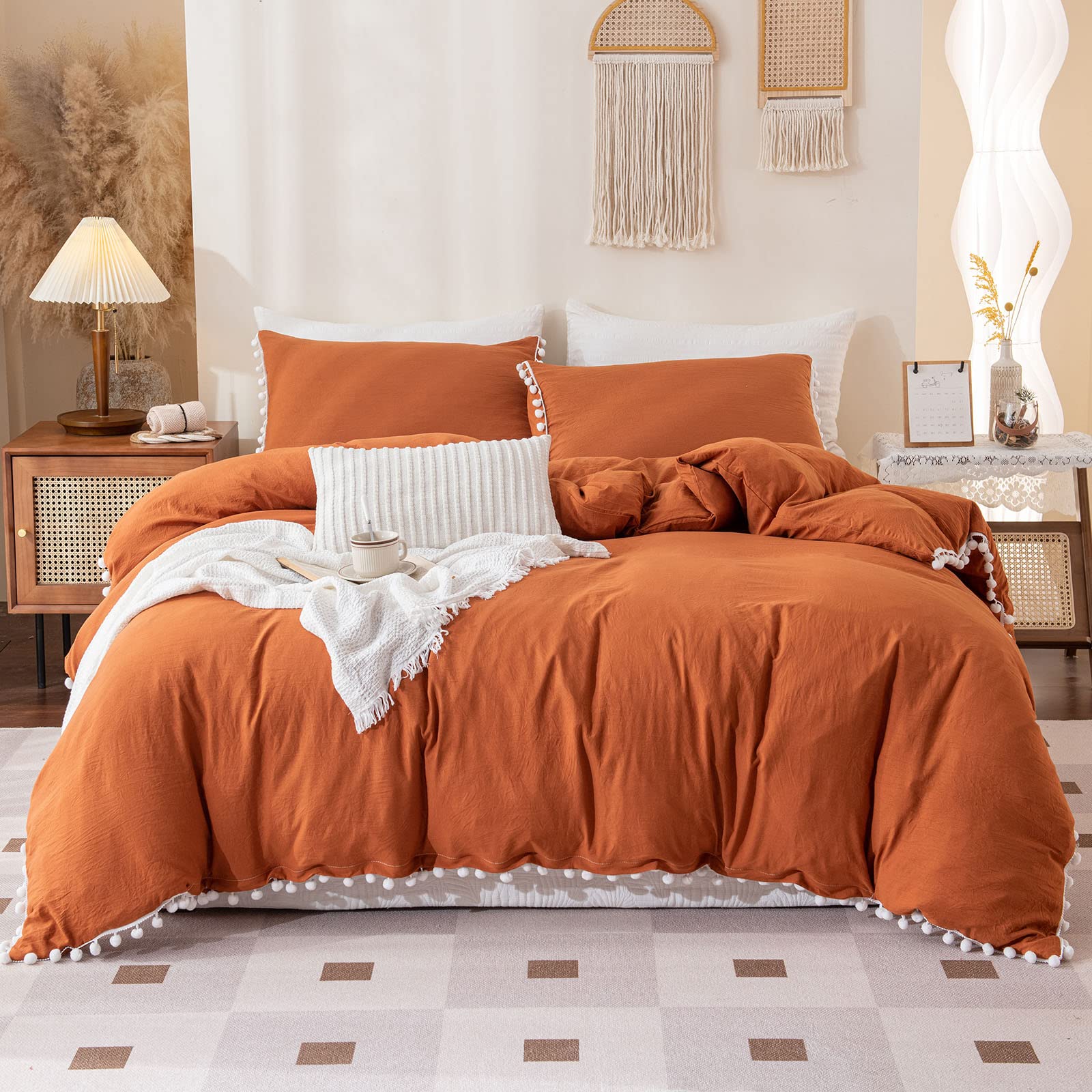 Burnt Orange Duvet Cover Queen Size - 3 Piece Terracotta Farmhouse Bedding Set with Pom Pom Fringe | Rustic Home Decor for Master Bedroom, Guest Room & Cozy Farmhouse Style